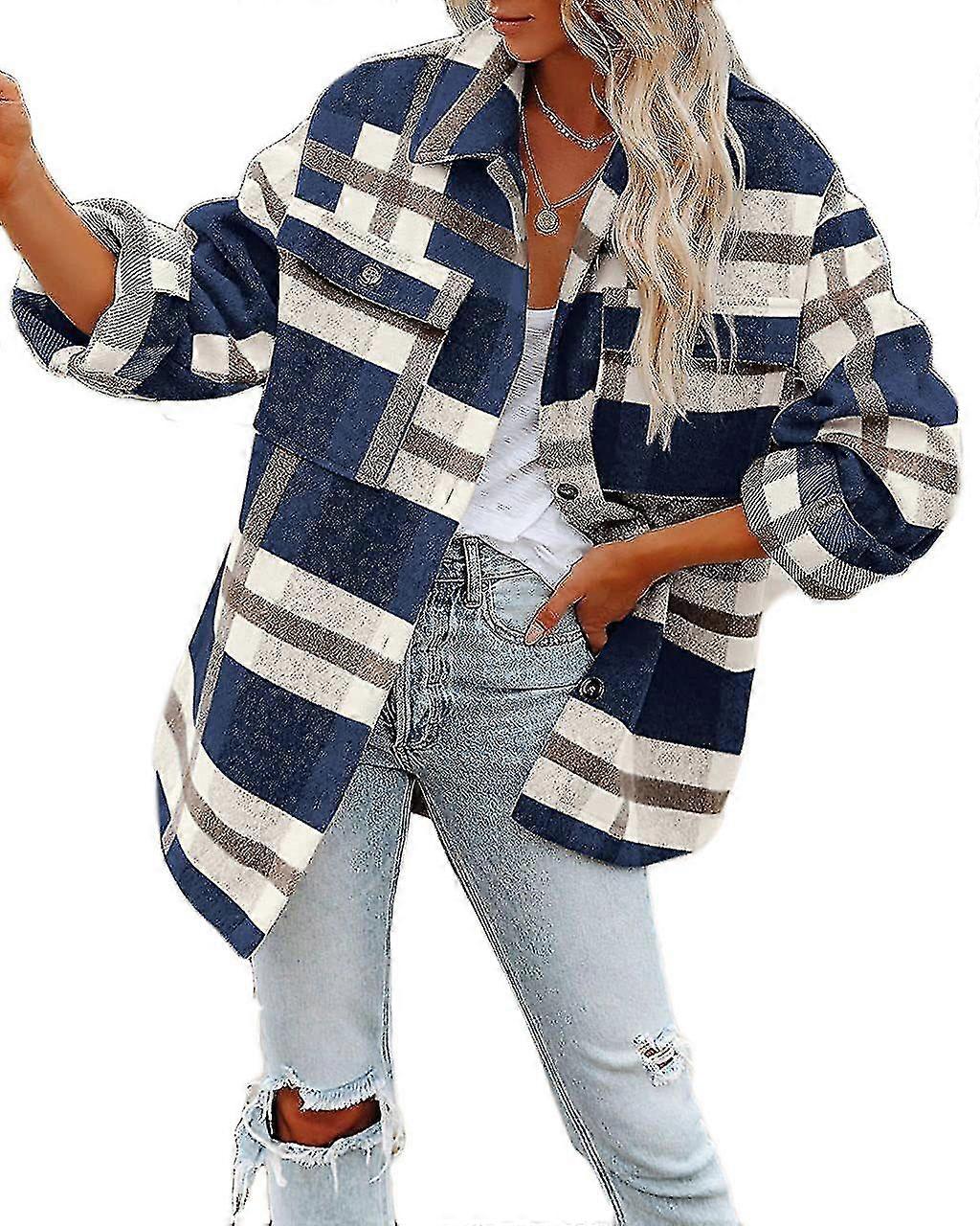 Women's Flannel Plaid Jacket Long Sleeve Button Down Shirts Coats Shacket