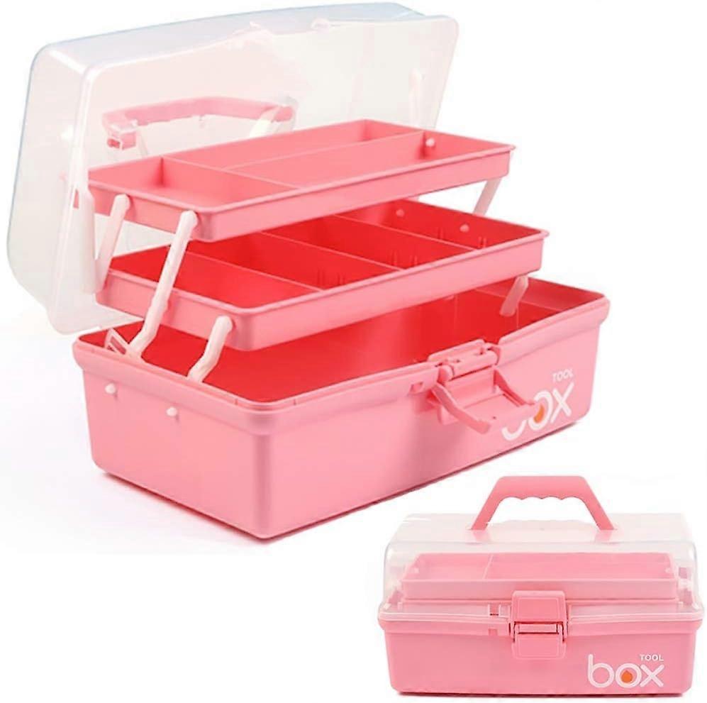 Three-Layer Multipurpose Storage Box Organizer Folding Tool Box/Art & Crafts Case/Sewing Supplies Organizer Box with 2 Trays (Pink)