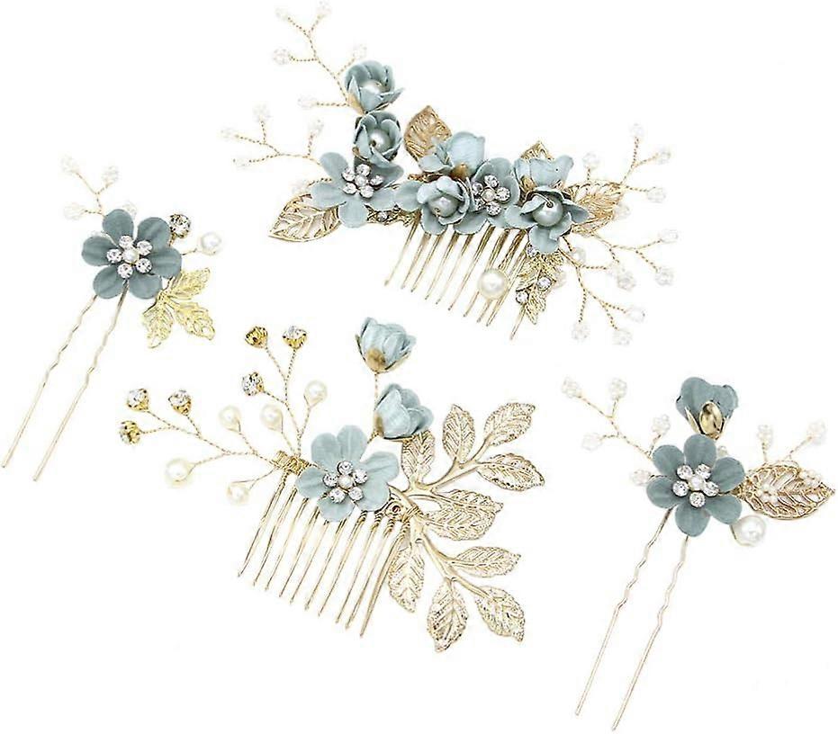 装飾的なパールコーム、花のブライダルヘアピンセット、花嫁の女の子のためのヘアアクセサリー4PCS(緑)