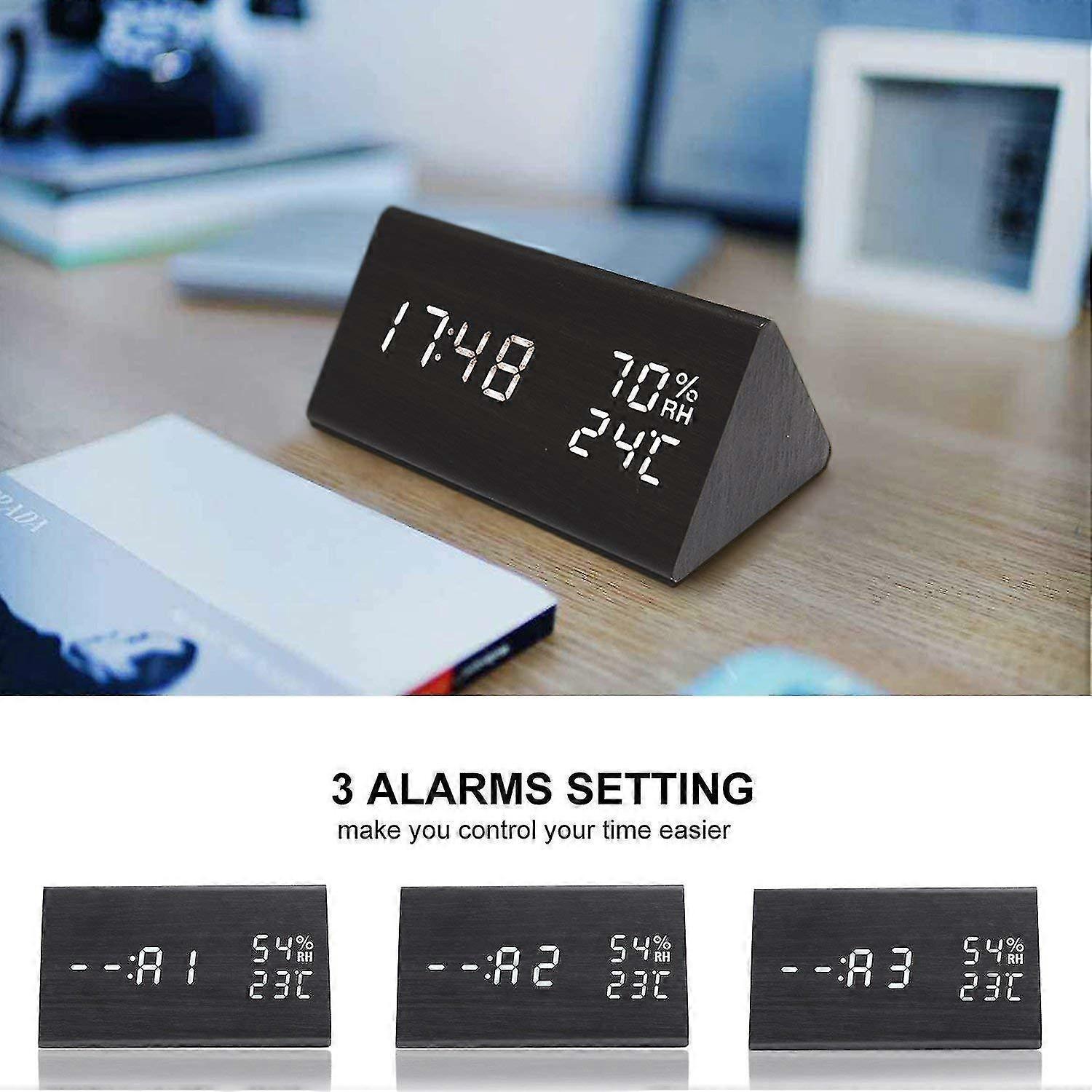 Digital Alarm Clock, Adjustable Brightness Voice Control Desk Wooden Alarm Clock, Large Display Time Temperature, Rechargeable Battery Led Digital Clo