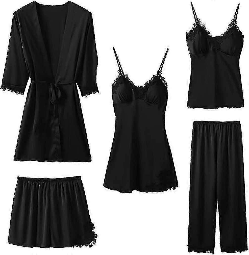 Vrouwen zijden satijnen pyjama set 5 stuks nachthemd nachthemd cami shorts pj set met badjas en broek