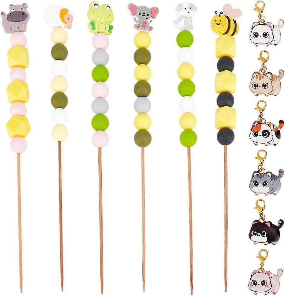 DELORIGIN 6 Styles Animal Silicone Beads Crochet Hooks Set with 6pc Cat Stitch Marker for Crocheting and Knitting Beadable Bamboo Knitting Needle for