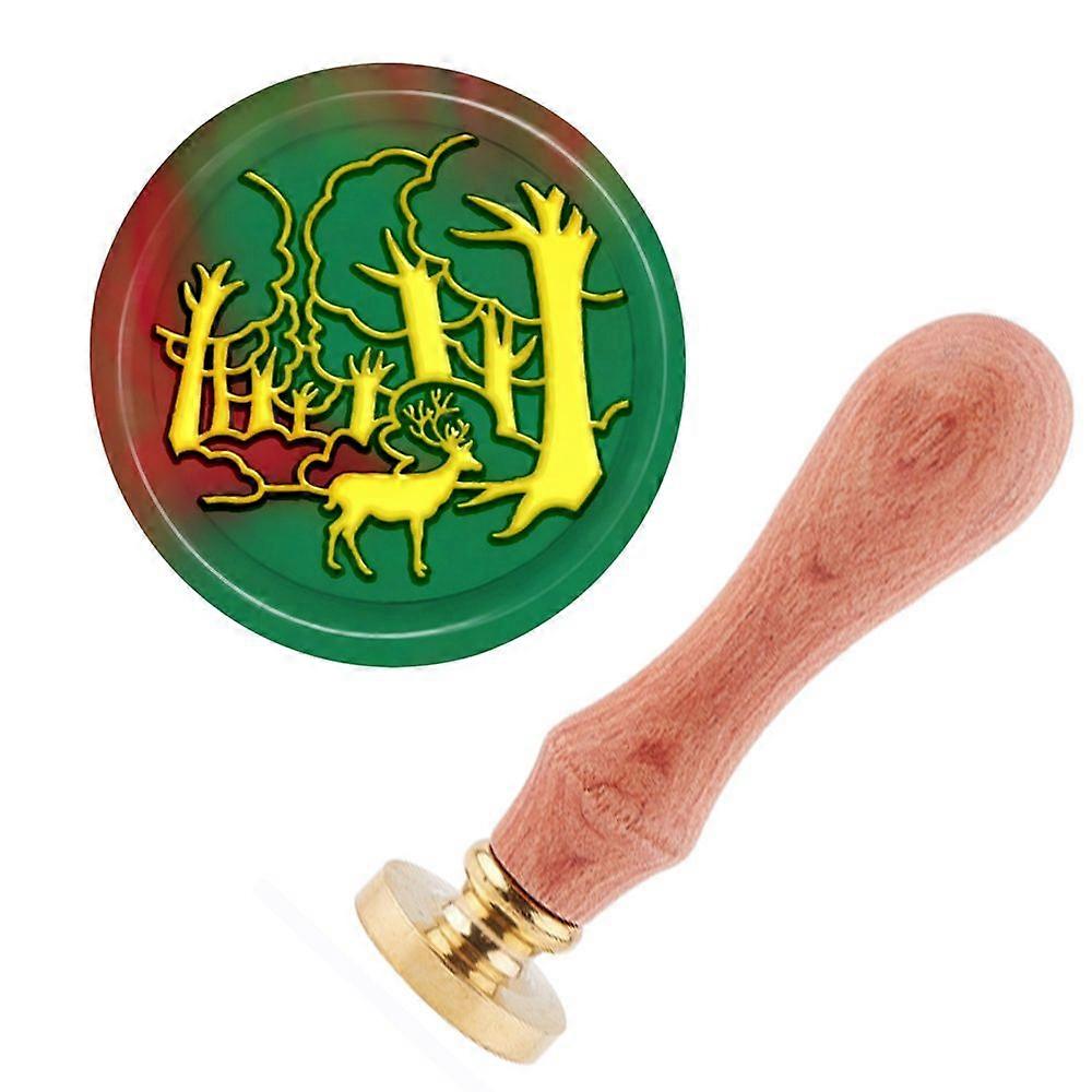 DIY Scrapbook Brass Wax Seal Stamp with Natural Rosewood Handle Forest with Deer Pattern 25mm