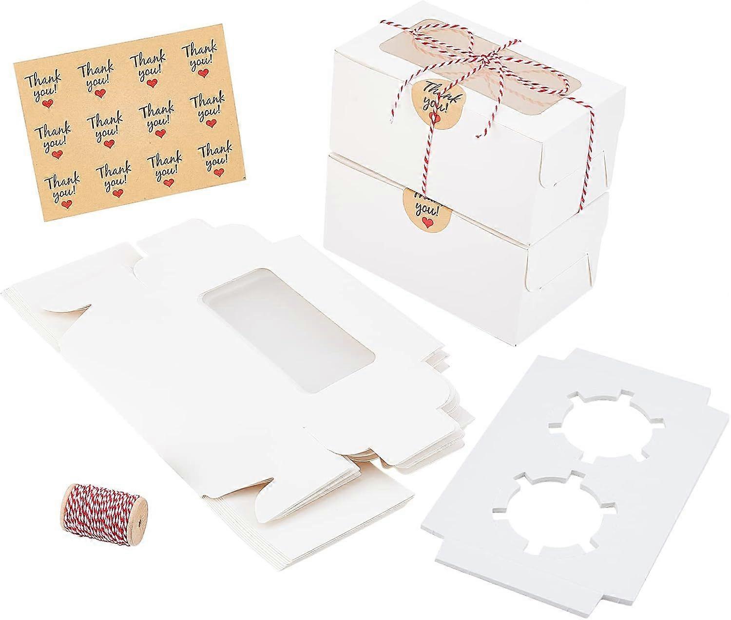 20 Sets Cupcake Box Set 6.26x3.54x2.99 White Bakery Boxes with 2 Inserted Holders and Window Food Grade Cupcake Containers with Stickers and Cords for