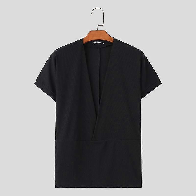 INCERUN Summer Men Deep V Neck T Shirts Solid Waffled Ribbed Tops