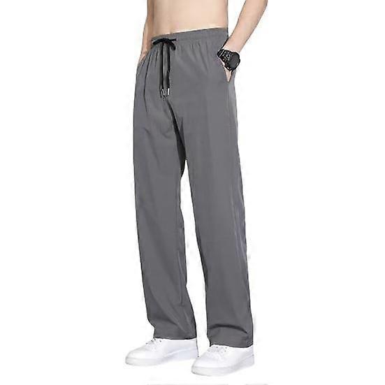 Men Sport Pants Ice Silk Quick-drying Side Pockets Waist Drawstring Elastic Loose Solid Color Gym Traning Jogging Sweatpants Long