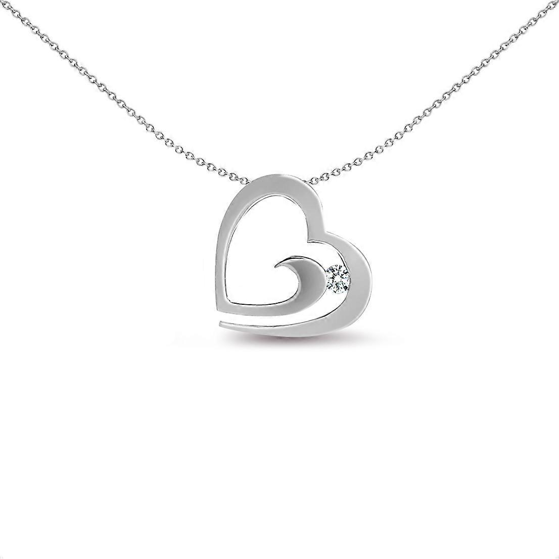 Jewelco London Ladies Solid 9ct White Gold Channel Set Round H I2 0.04ct Diamond Love Heart Charm Pendant