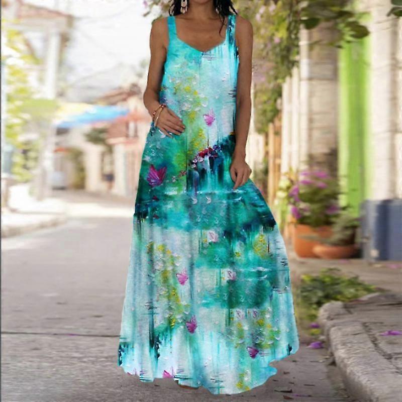 Damen Slip Kleid Maxi Langes Kleid Blau Wassertropfen Print Kleid Frühling Sommer V-Ausschnitt Freizeit Urlaub