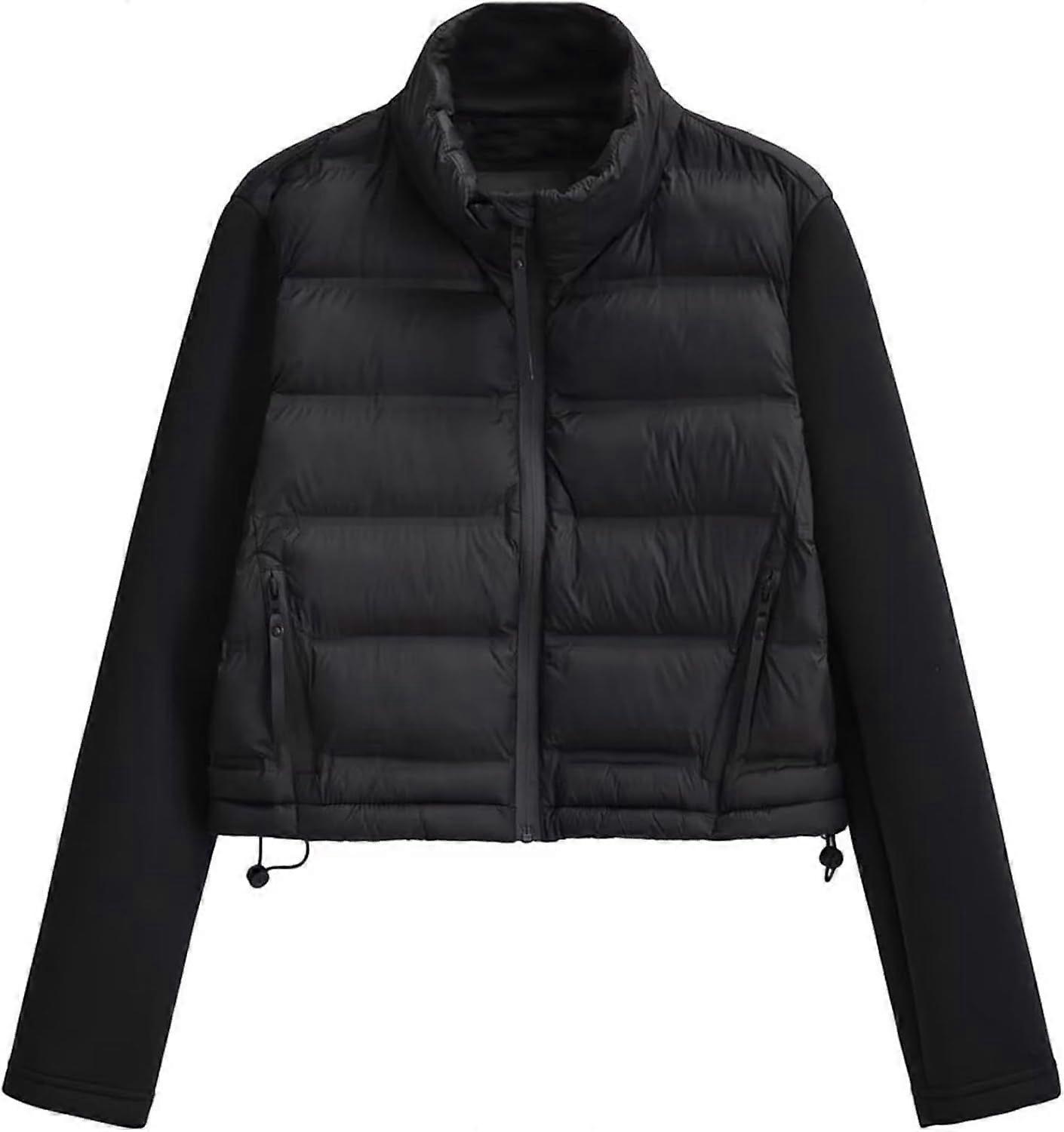 Womens Long Sleeve Patchwork Puffer Jacket Quilted Crew Neck Zip Up Coat with Pockets