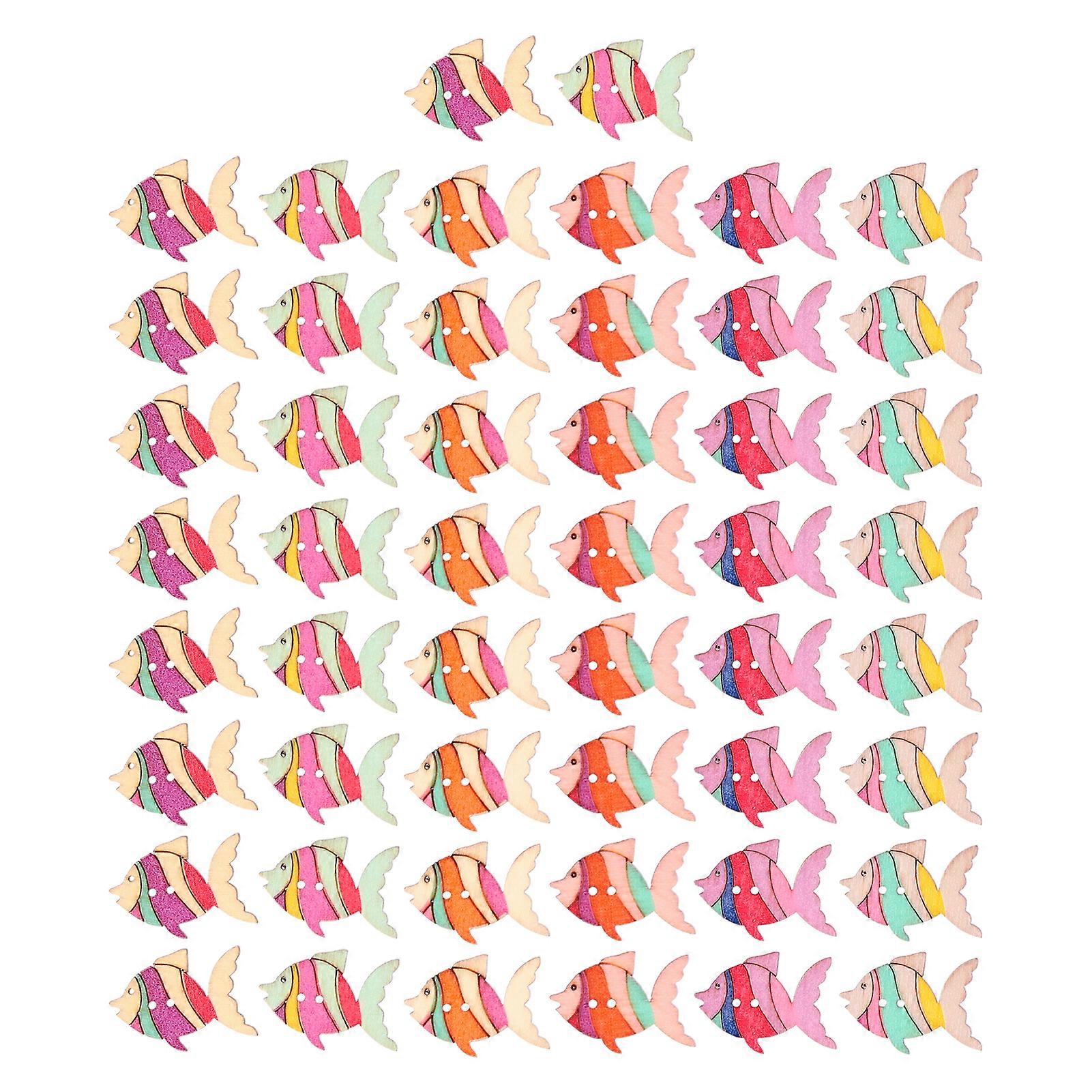Wooden Buttons 50 Pcs Handmade Cartoon Fish Pattern Button Set For Crafts Sewing Decoration