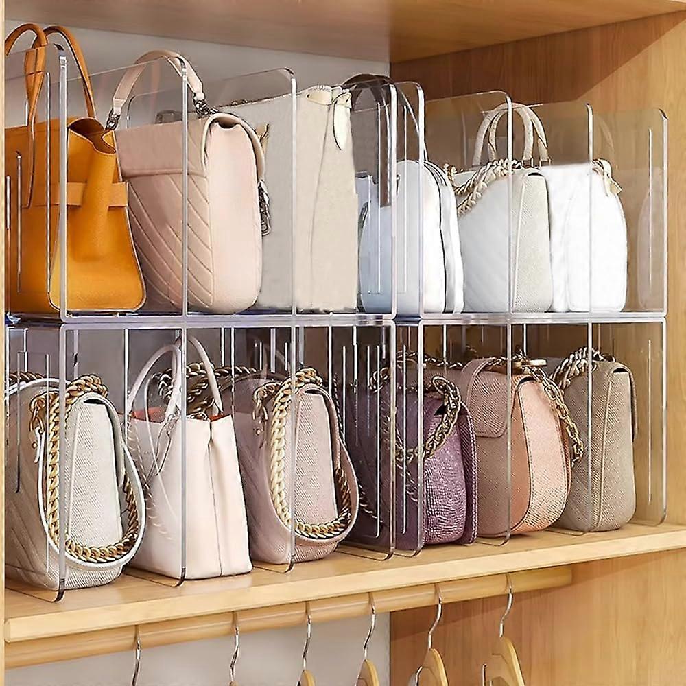 Clear Plastic Purse Handbag Organizer - 2pcs 4-Section Display Stand for Closet Shelf, Desk Storage and File Holder