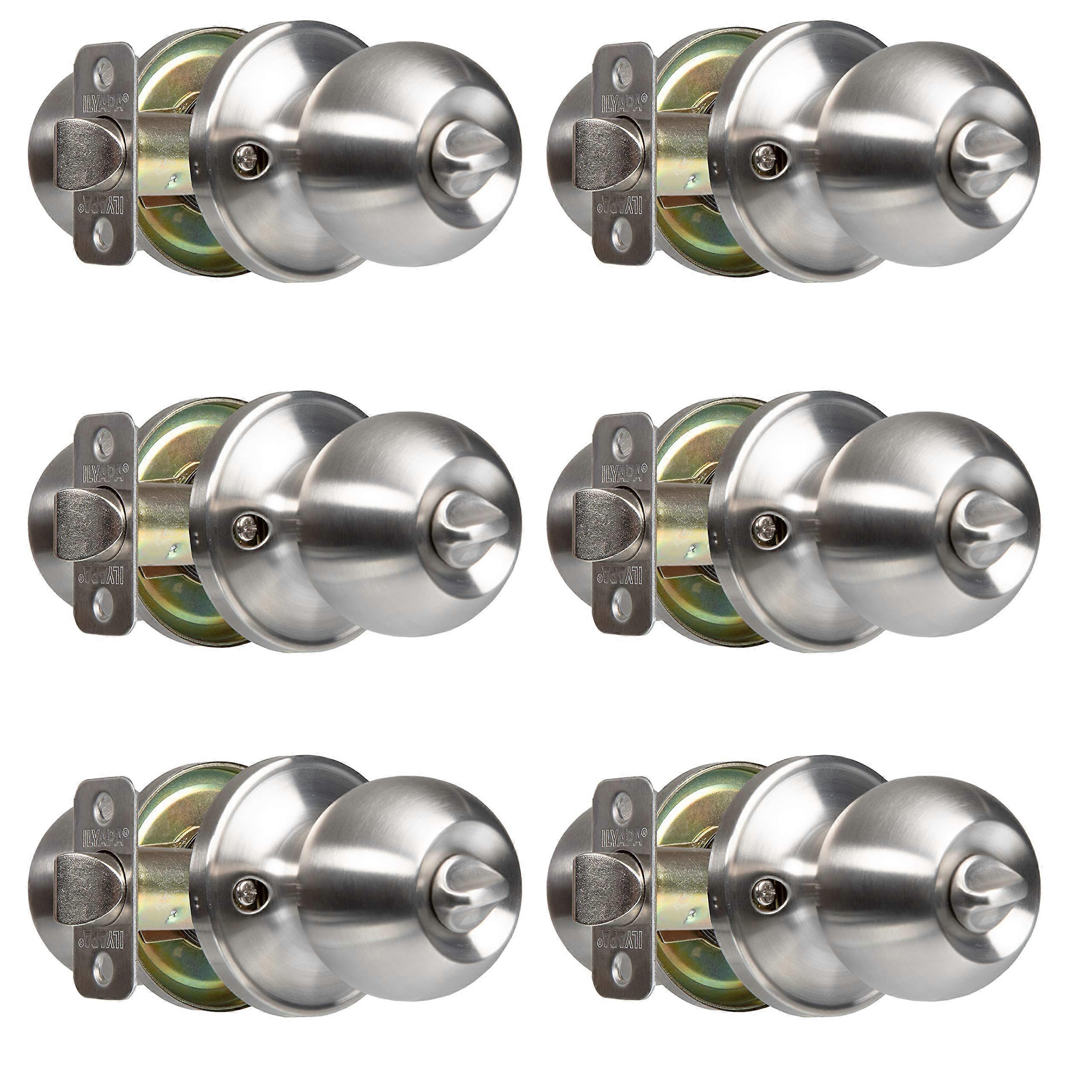Privacy Door Knobs for Bed and Bath - Satin Nickel Ball Style Keyless Locking Round Knob, 6 Pack, Interior Use
