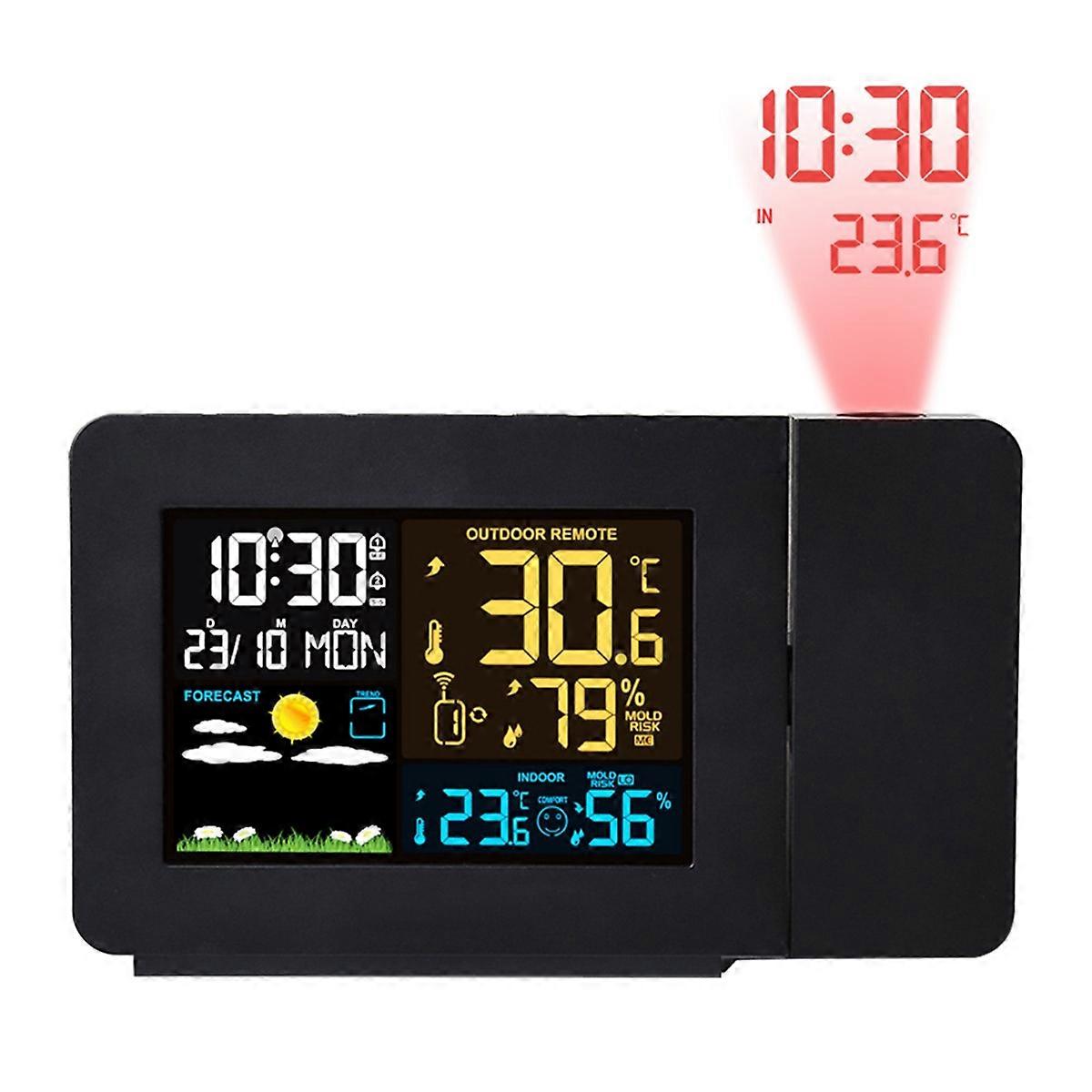 LED Indoor Outdoor Temperature and Humidity Meter - Projection Alarm Clock Weather Forecast with Ba