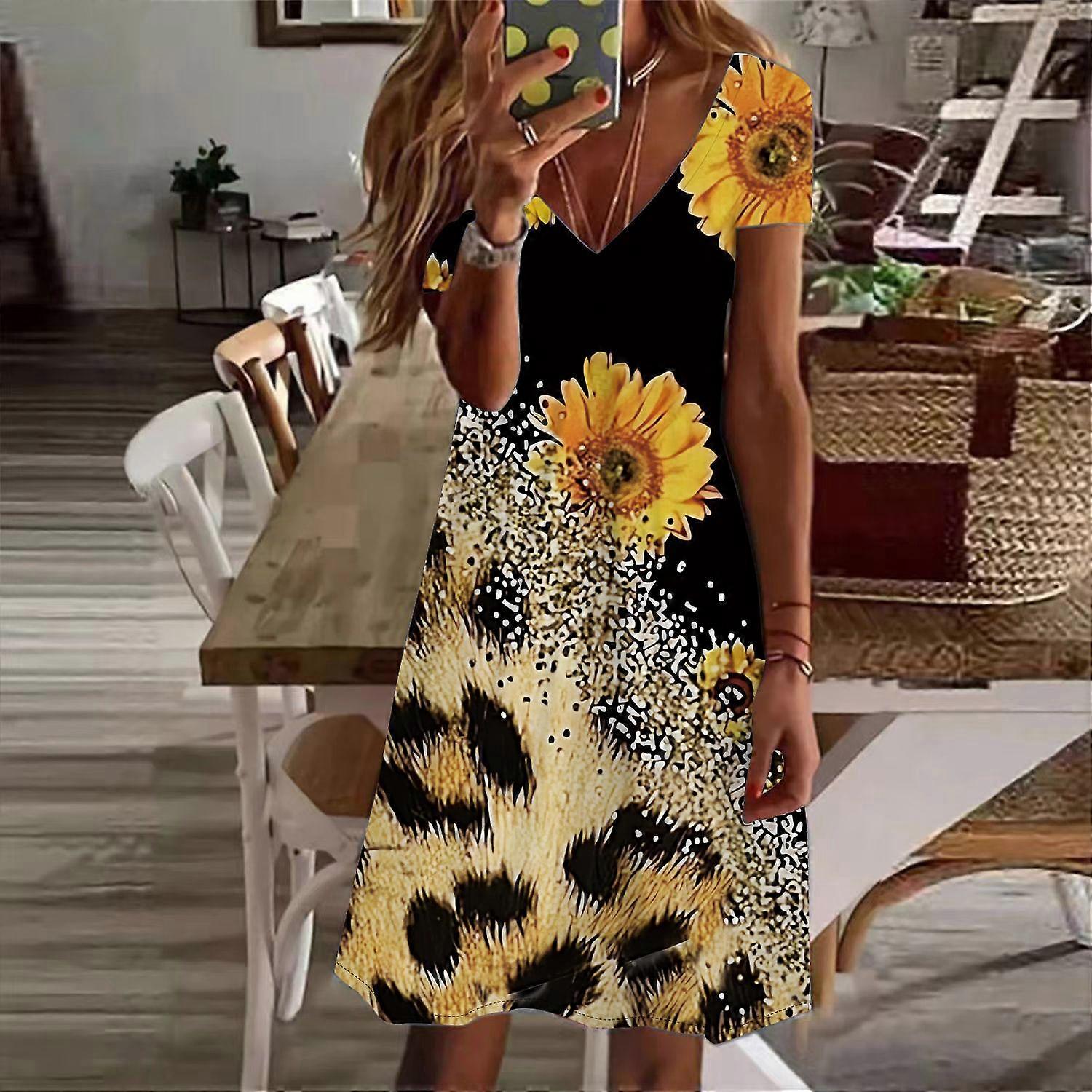 Summer Fashion Women's V Neck Short Sleeve Flowing Sand Sunflower Printed Dress  Sex Dress | Fruugo UK