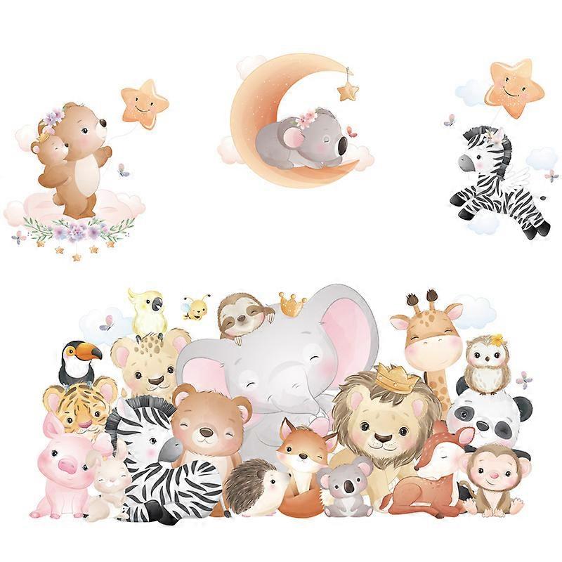 קישוטי חדר ילדים של בעלי חיים מצוירים, נייר קיר לספה בחדר השינה, מדבקות אריה ופיל, מדבקות כוכבים