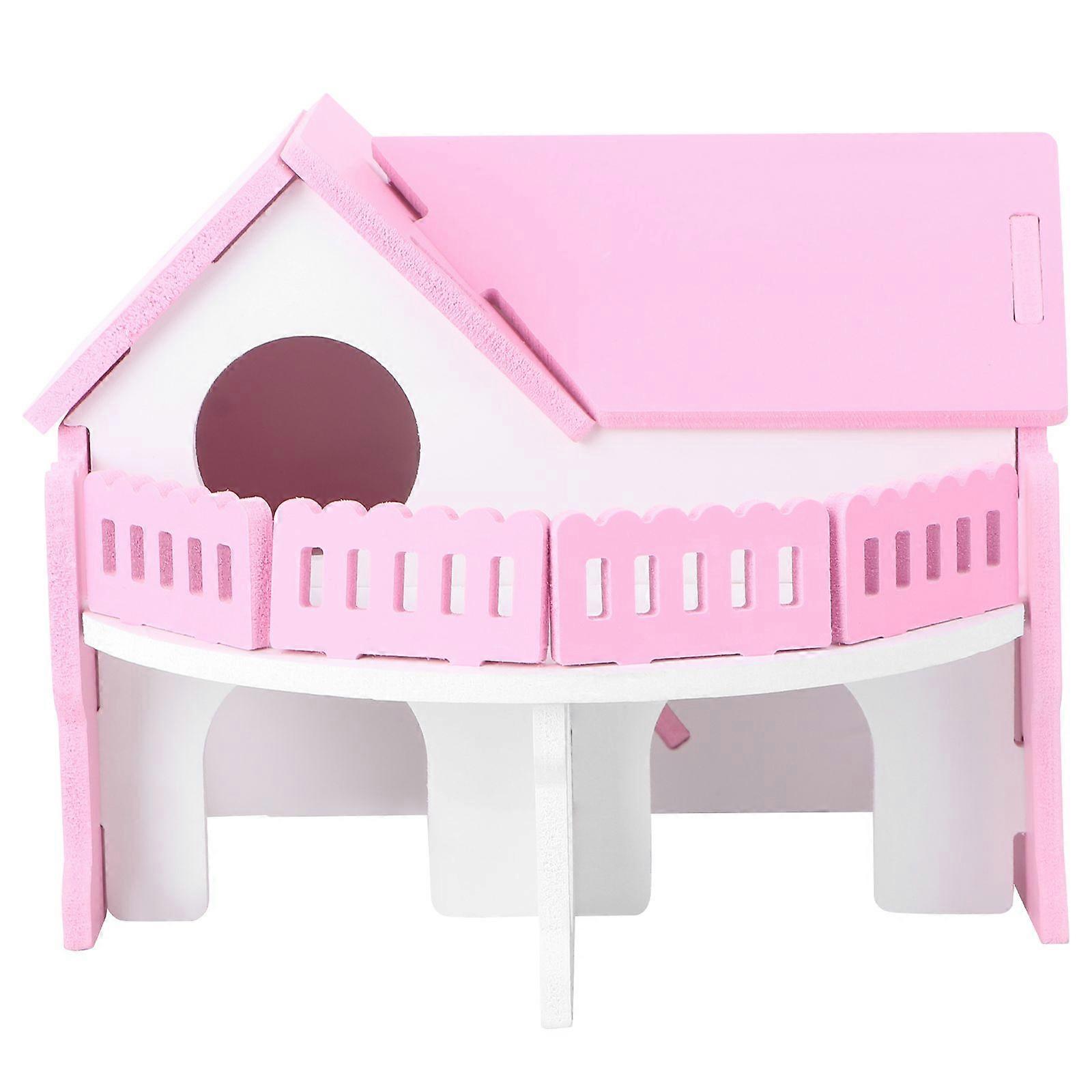 Hamster Sleeping Nest Multicolor Small Wooden Nest Simulative Double-layer Environmental House Villa Balcony Hamster Cage (Pink)