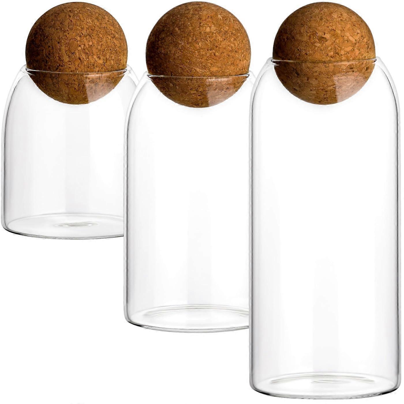 Round Storage Jars Set of 3 Corks 400ml 650ml 900ml Borosilicate Glass For Spices Pasta Coffee Sweets Transparent