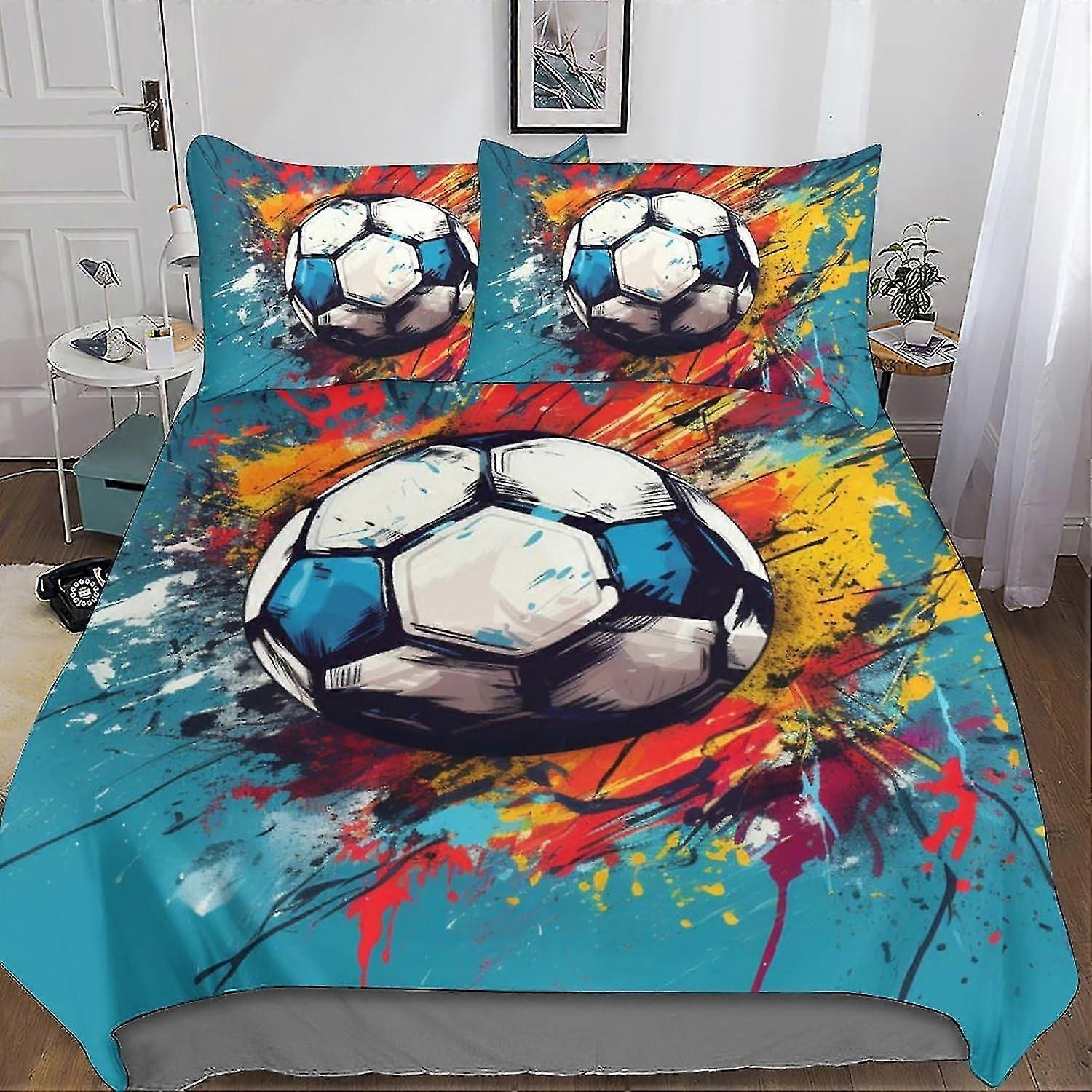Conjunto de cama com tema de futebol infantil Capa de edredão para 3D impresso 3D Padrão de bola respirável macia de 3 peças com fecho de zíper