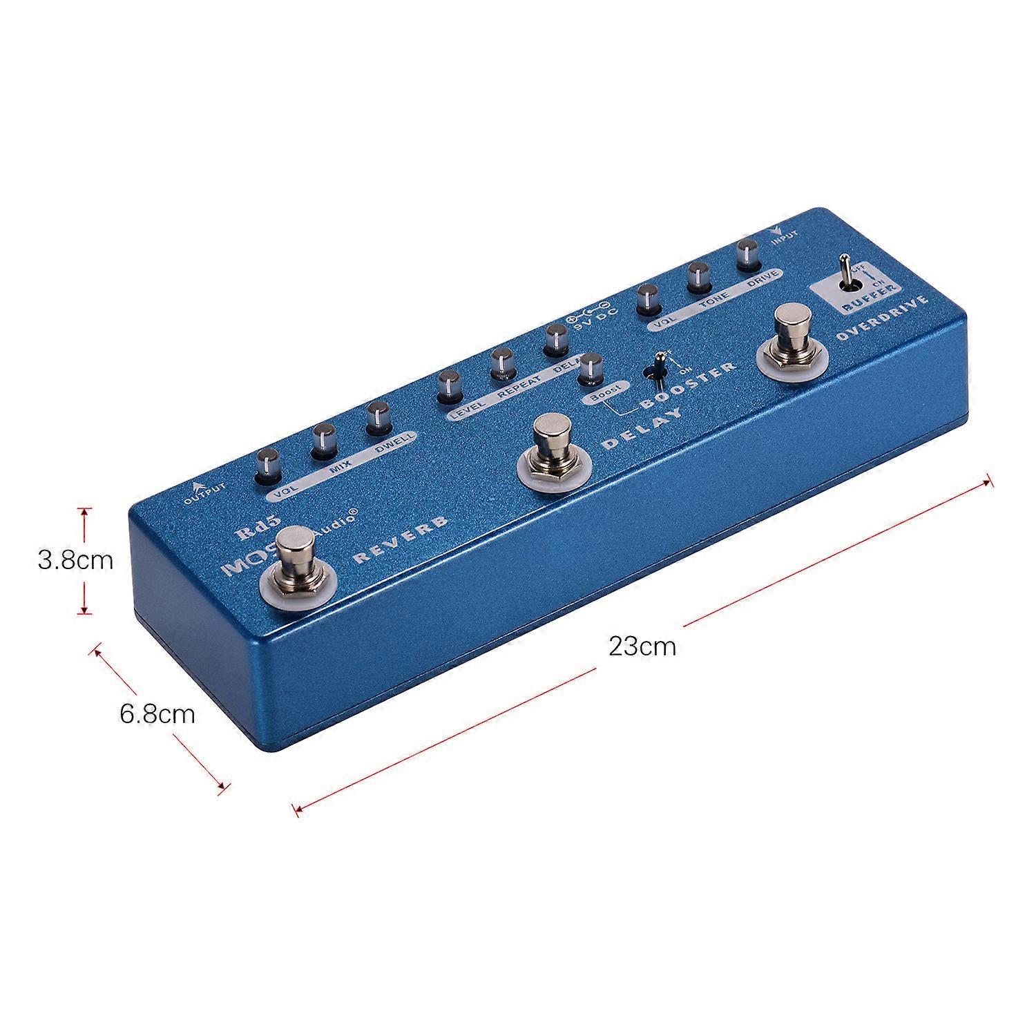MOSKYo RD5 5-in-1 Pedale Multieffetto per Chitarra Riverbero + Delay + Booster + Overdrive + Buffer Guscio completamente in metallo con True Bypass