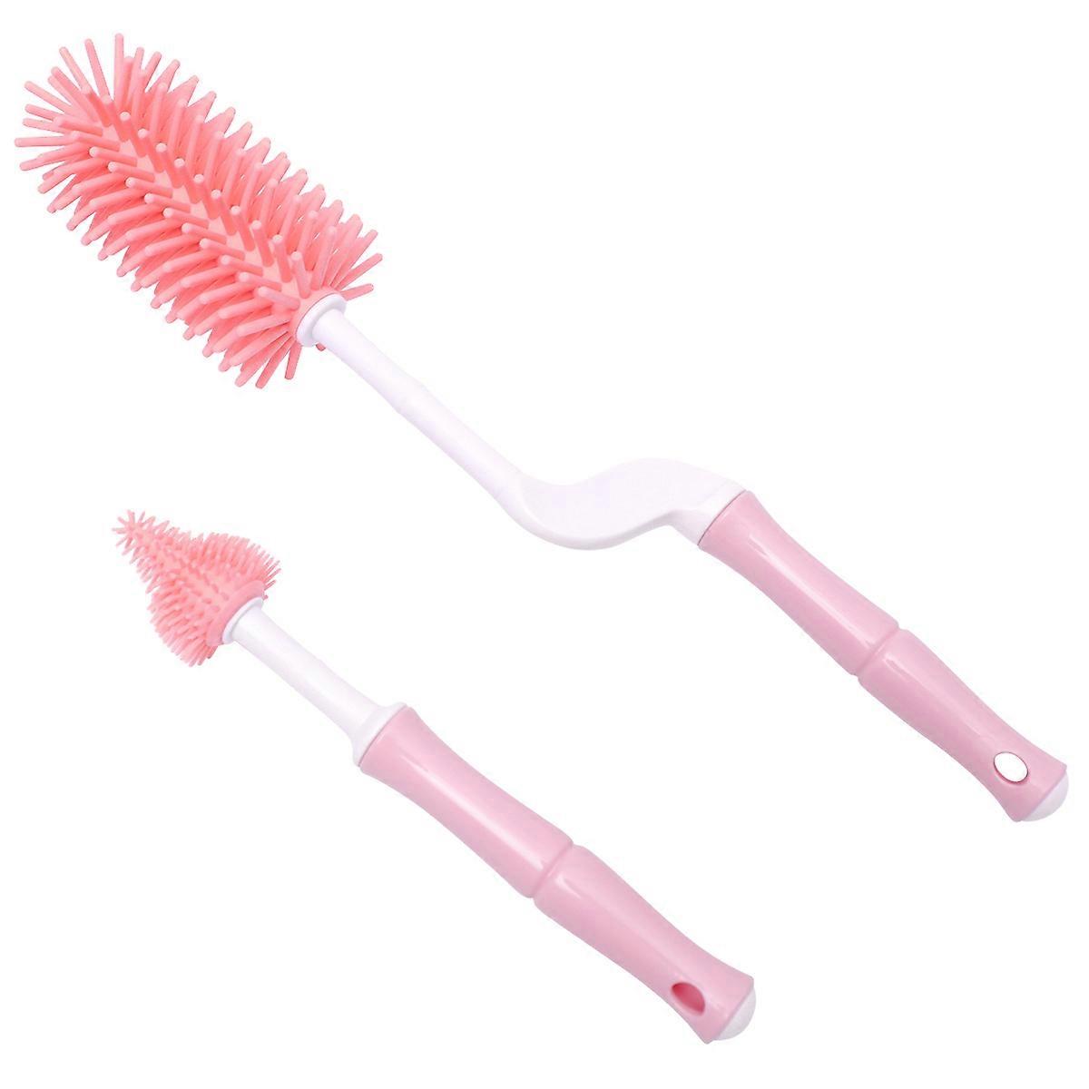 Rotatable Handle Feeding Bottle Brushes Durable Silica Gel Pink 1Set