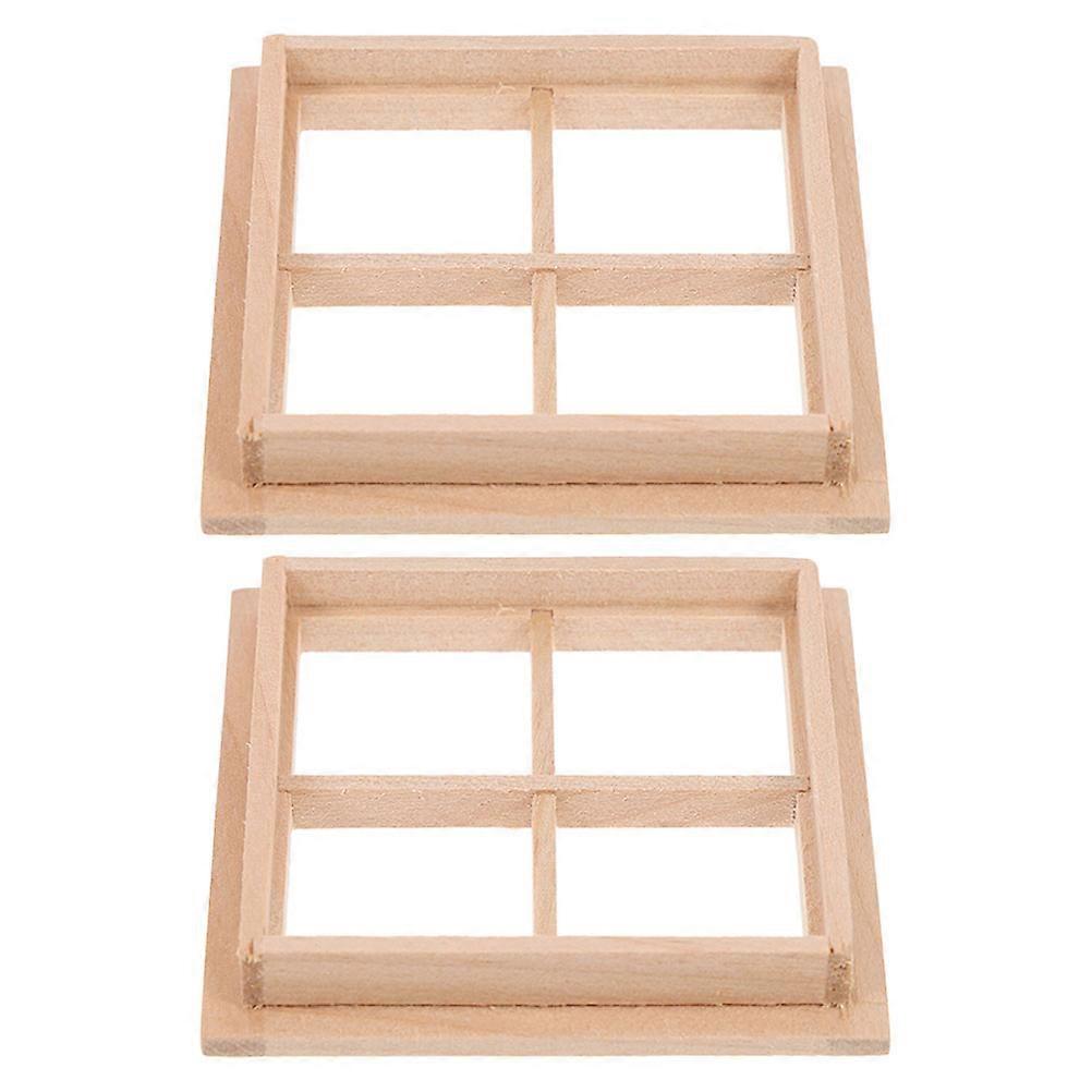 Dollhouse Wooden Window Craft Window Frames for Decor 2Pcs Beige Model
