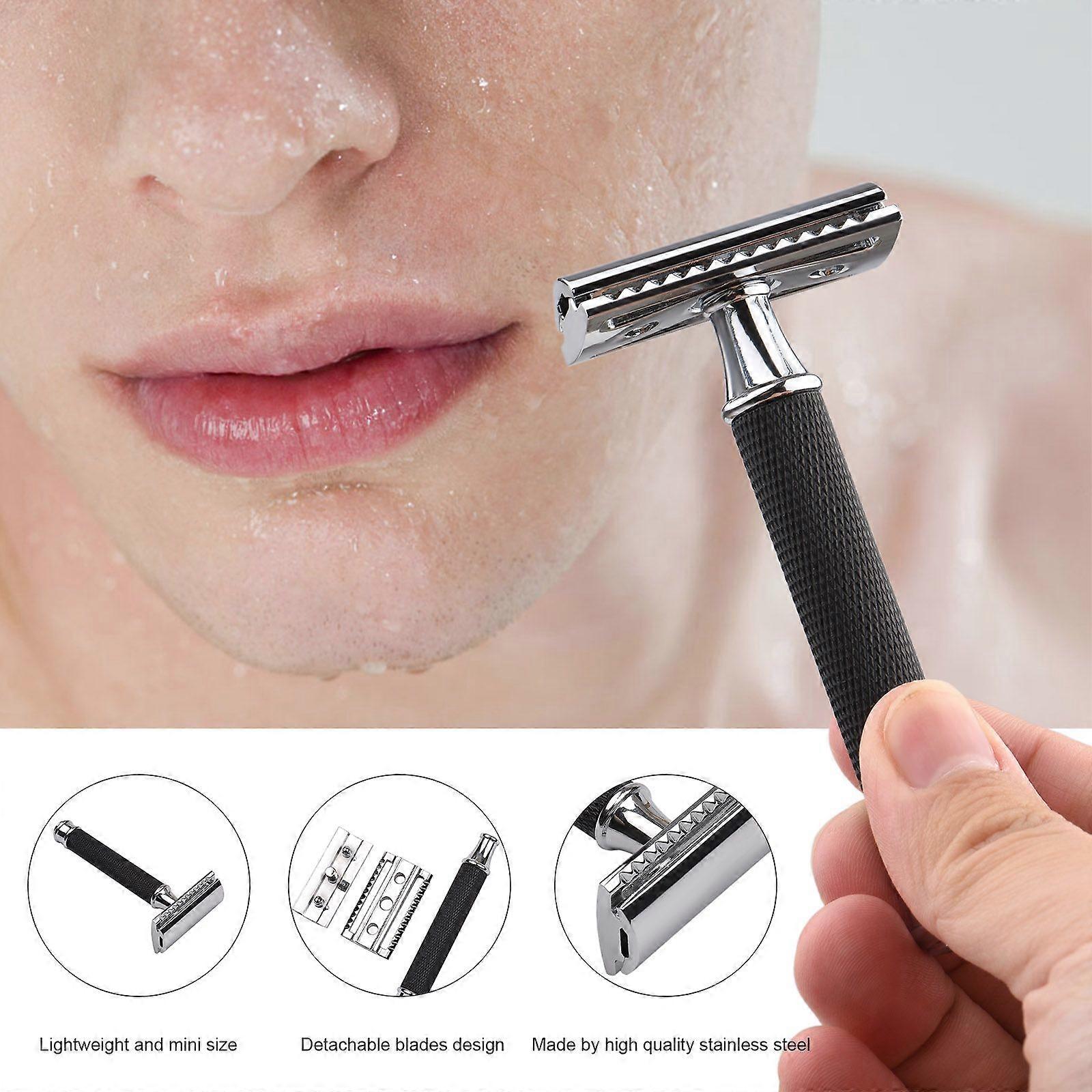 Double Edge Safety Razor Stainless Steel Manual Shaving Razor Long Handle Traditional Razor