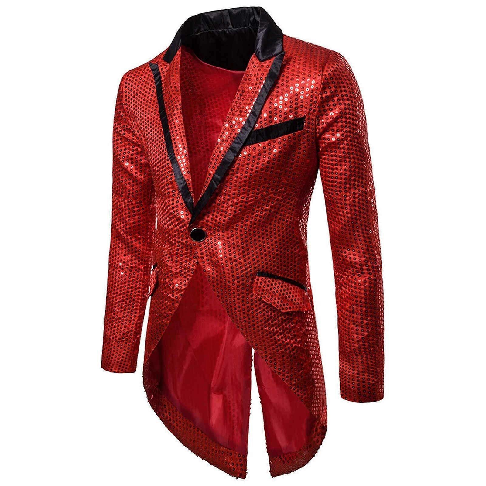 Sequins Tuxedo Suit Victorian Medieval Red Long Jacket With Waistcoat Included Size XL Men's Cosplay Costume