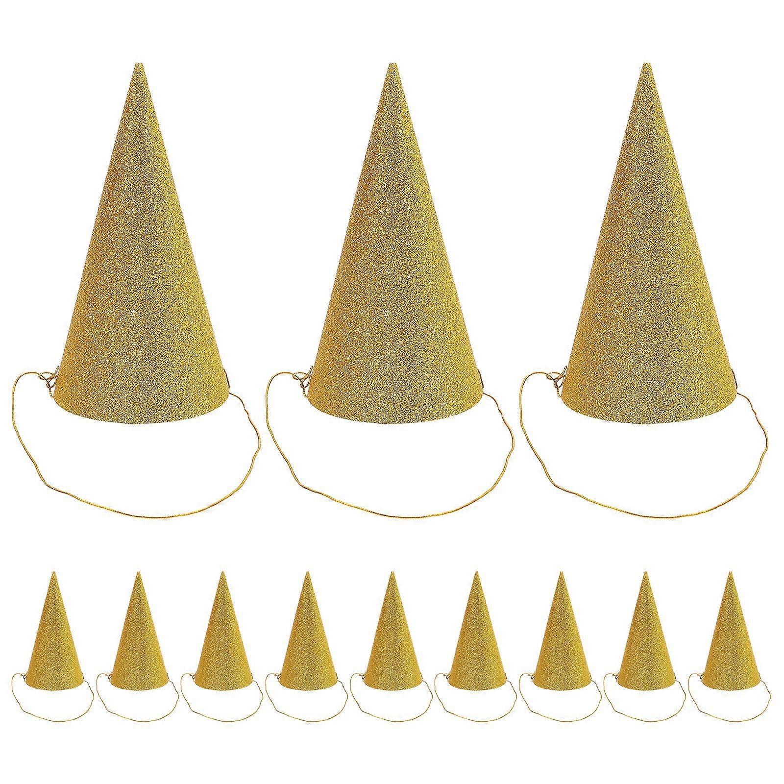 12個入り グリッターコーン パーティーハット 三角形 バースデーハット 子供と大人用 パーティーデコレーション (ゴールド)