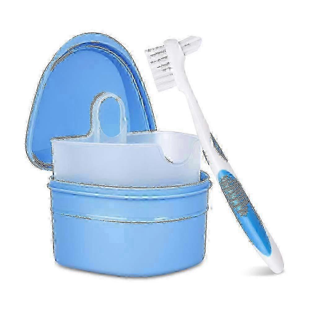 Denture And Retainer Cleanning Set Denture Cleaning Case And Denture Brush (blue)