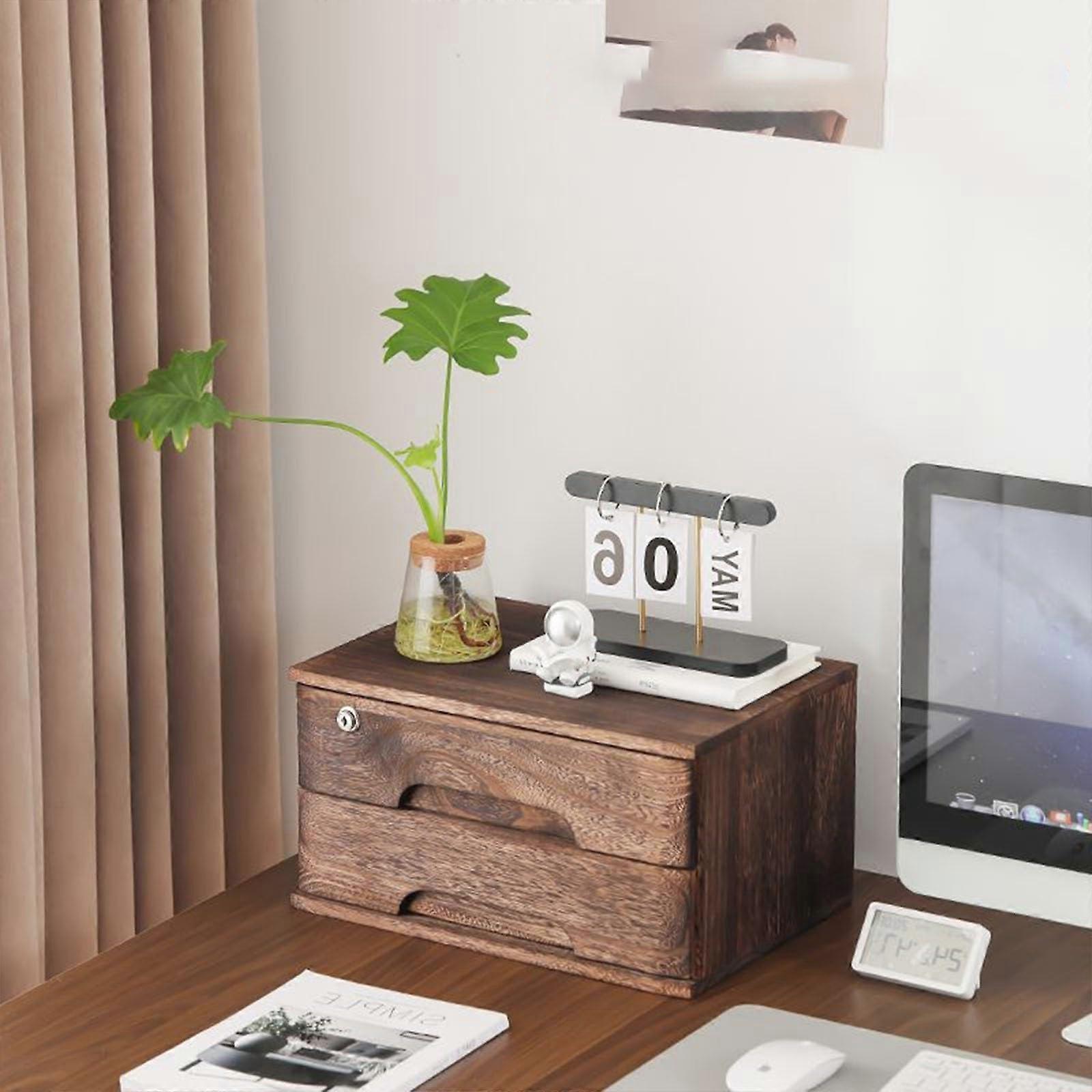Solid Wood File Nizer Lockable Desktop Storage Box, 2Layer Wooden Drawer Cabinet For A4 Receipts And Office Supplies