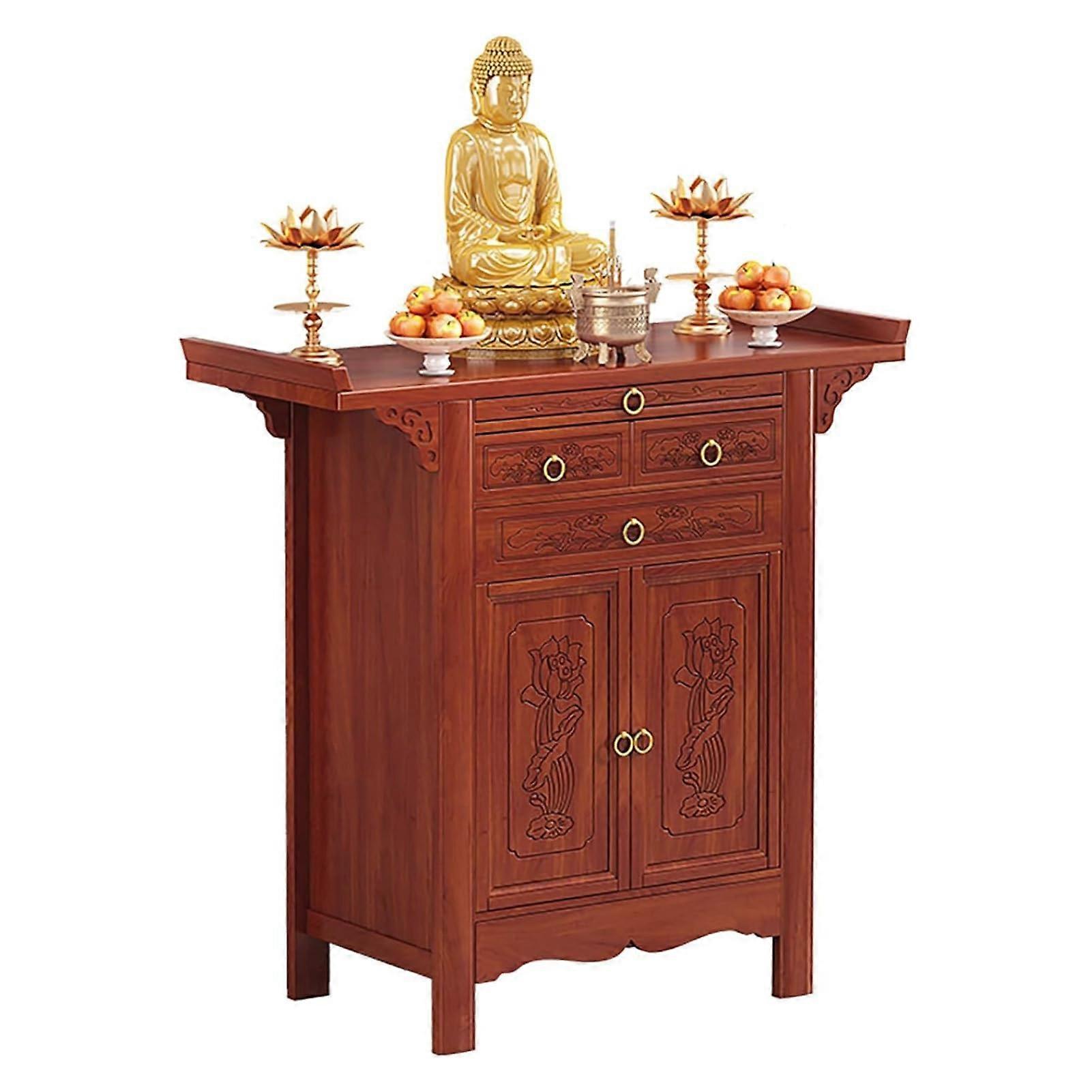Bamboo Buddhist Altar Table with Storage Cabinet for Meditation and Offerings, 88cm