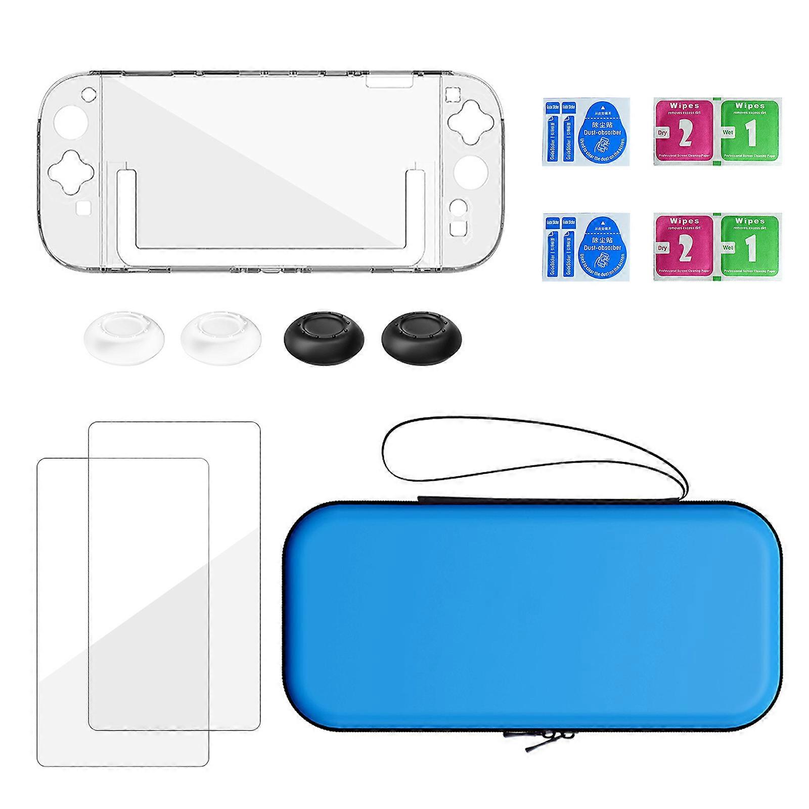 Comprehensive Console Care Package Organizers Case Toughened Glass Protector Enhances Joystick Caps Collection for NSW2  Blue