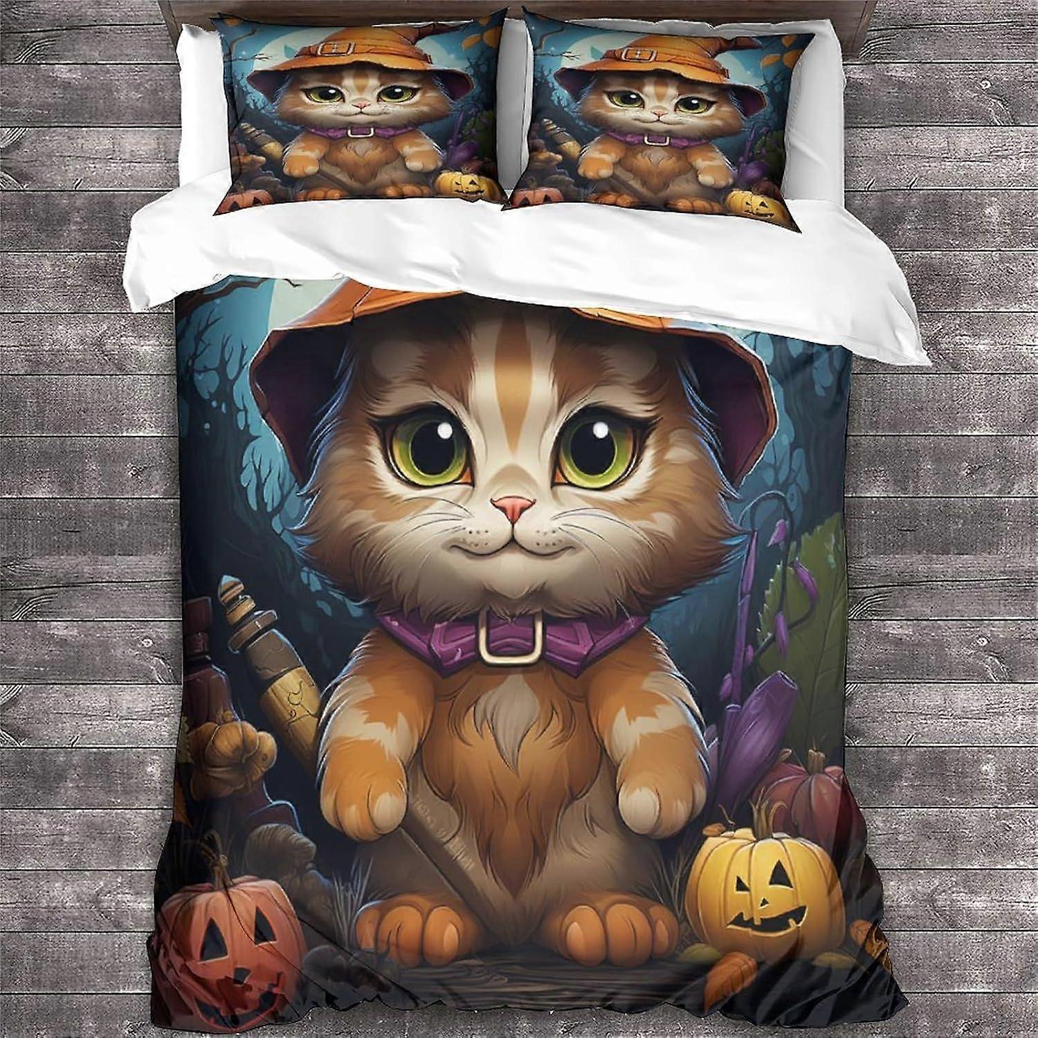 LikeEj 3D impresso Halloween gato capa edredom com fronhas animal roupa de cama conjunto com zíper fechamento macio de microfibra colcha capa King