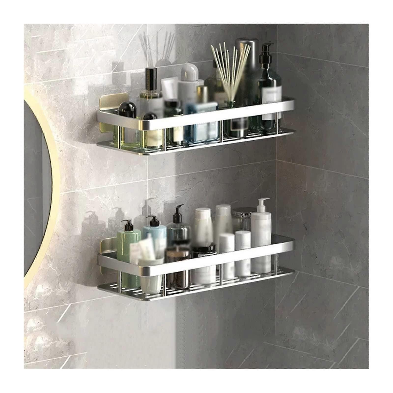 Double Layer Metal Wall Mounted Storage Shelf with Perforated Design for Bathroom and Kitchen Organization (Gray)