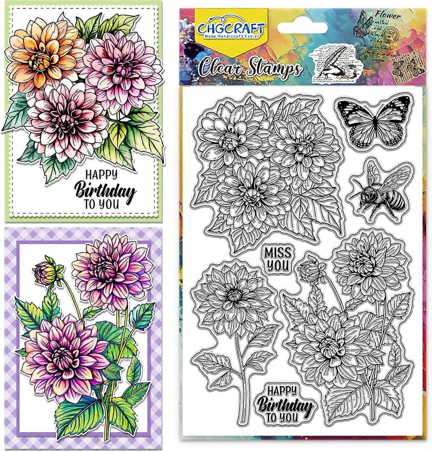 Dahlia Print Pattern Clear Stamps Butterfly Bee Transparent Embossing Silicone Stamp Seal for DIY Scrapbooking and Card Making Paper Craft Decor 6.3  