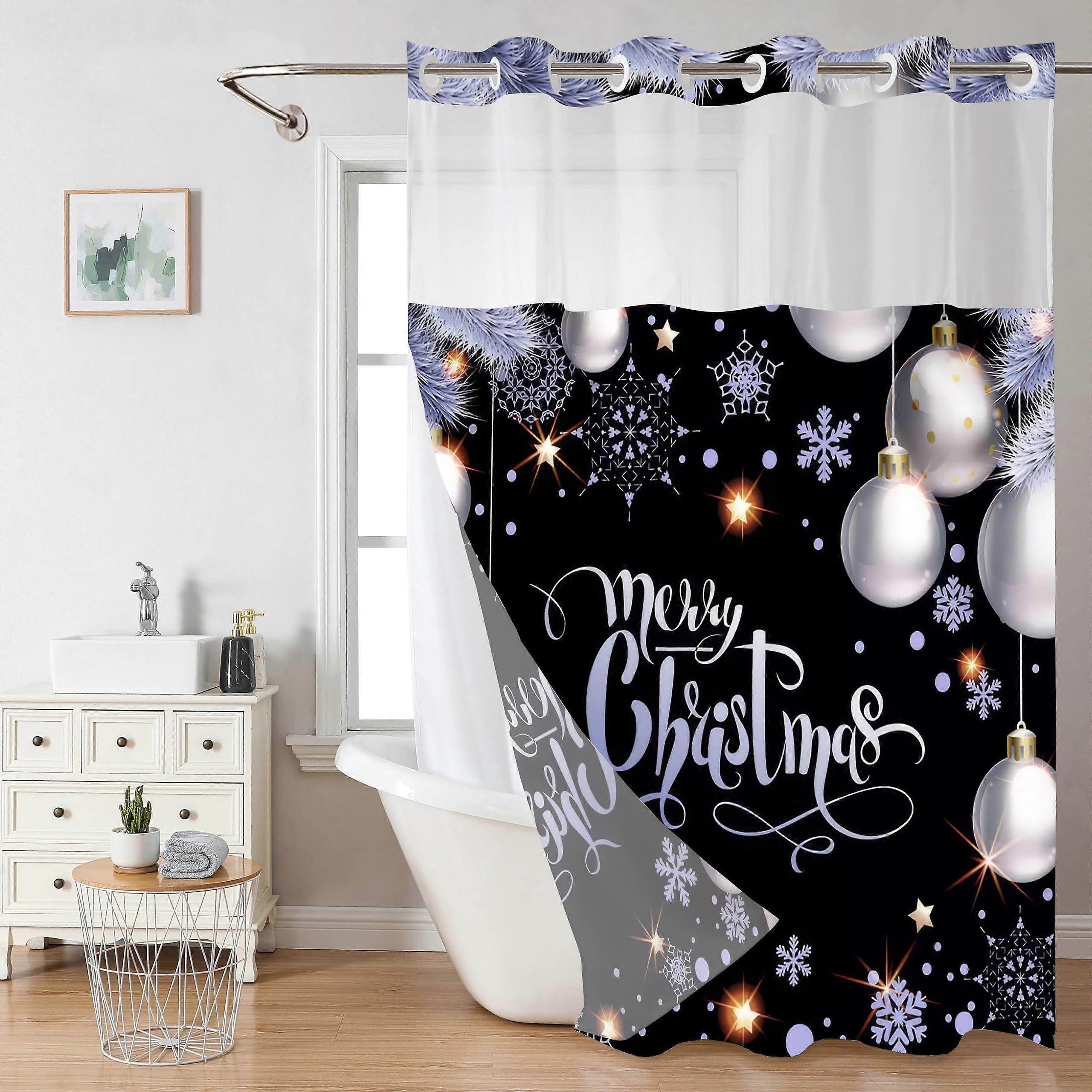 Christmas Hookless Shower Curtain with BuiltIn Liner, WaterRepellent Snowflake Design 71x74