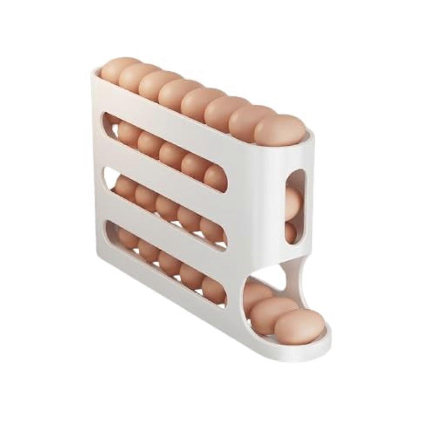 4 Tier Rolling Egg Storage Rack, 30 Egg Large Capacity Holder for Refrigerator, Space Saving Organizer, White