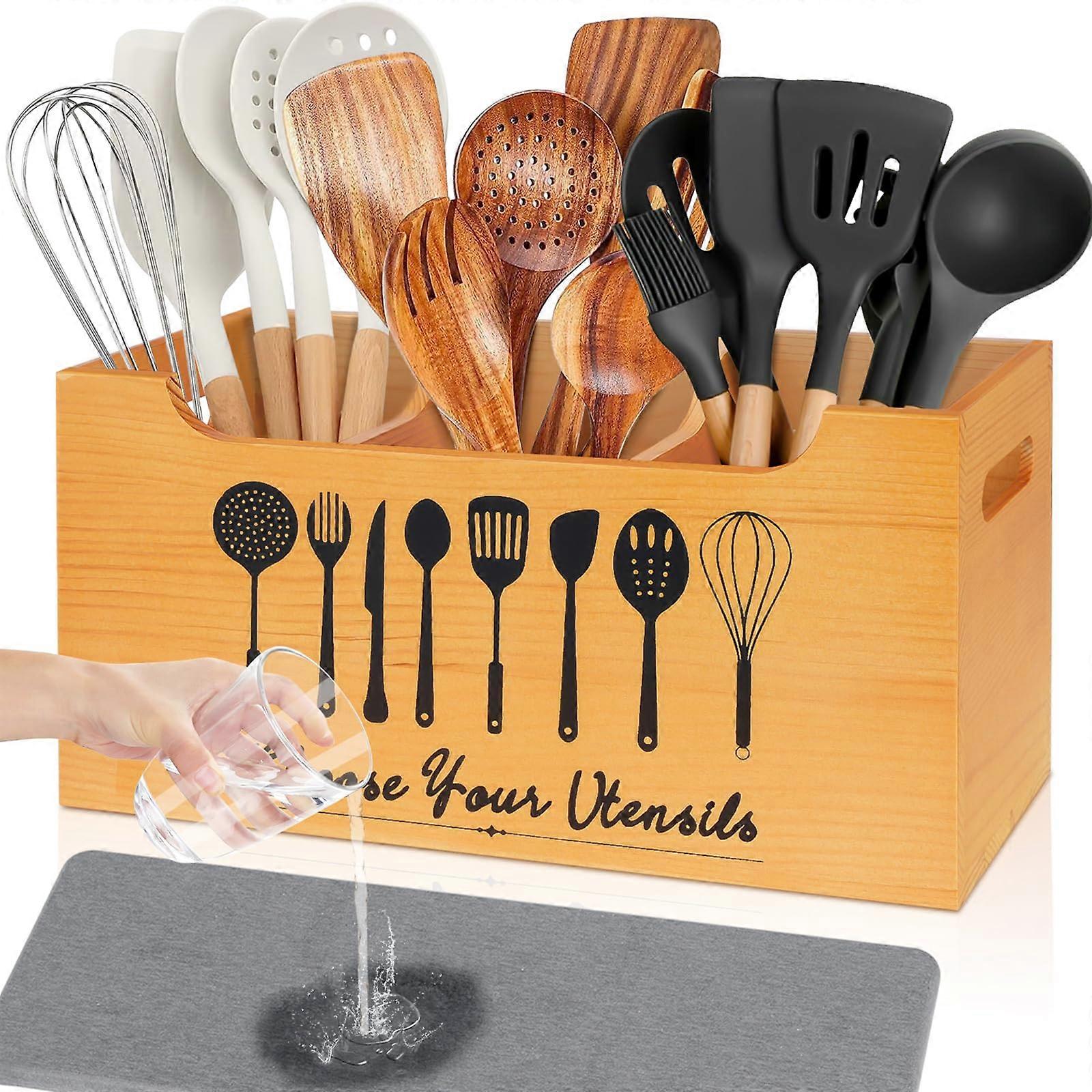 Extra Large Wooden Utensil Holder with 3 Compartments, Rustic Organizer with InstantDry Base