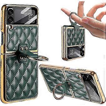 Rhomboid Leather Case Suitable for a Certain Brand Flip Phone with Ring, Electroplating Frame Protective Cover for Enhanced Durability 25-26