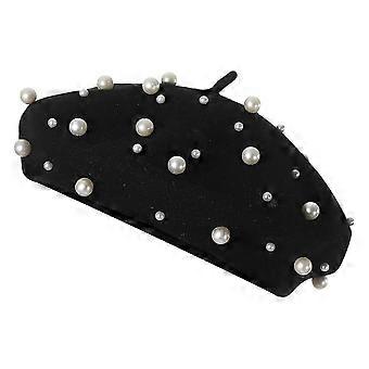 Perlenverzierte Baskenmütze für Damen, schwarz, Einheitsgröße, faltbar, leicht zu transportieren, für Outdoor-Aktivitäten, 1 Stück