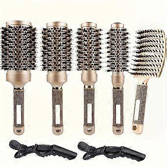 7 Piece Round Hair Brush Set, Metallic Gold Vented Ceramic Ionic Blow Dry Brush, Anti-Frizz Curling & Straightening Tool with 2 Hair Clips