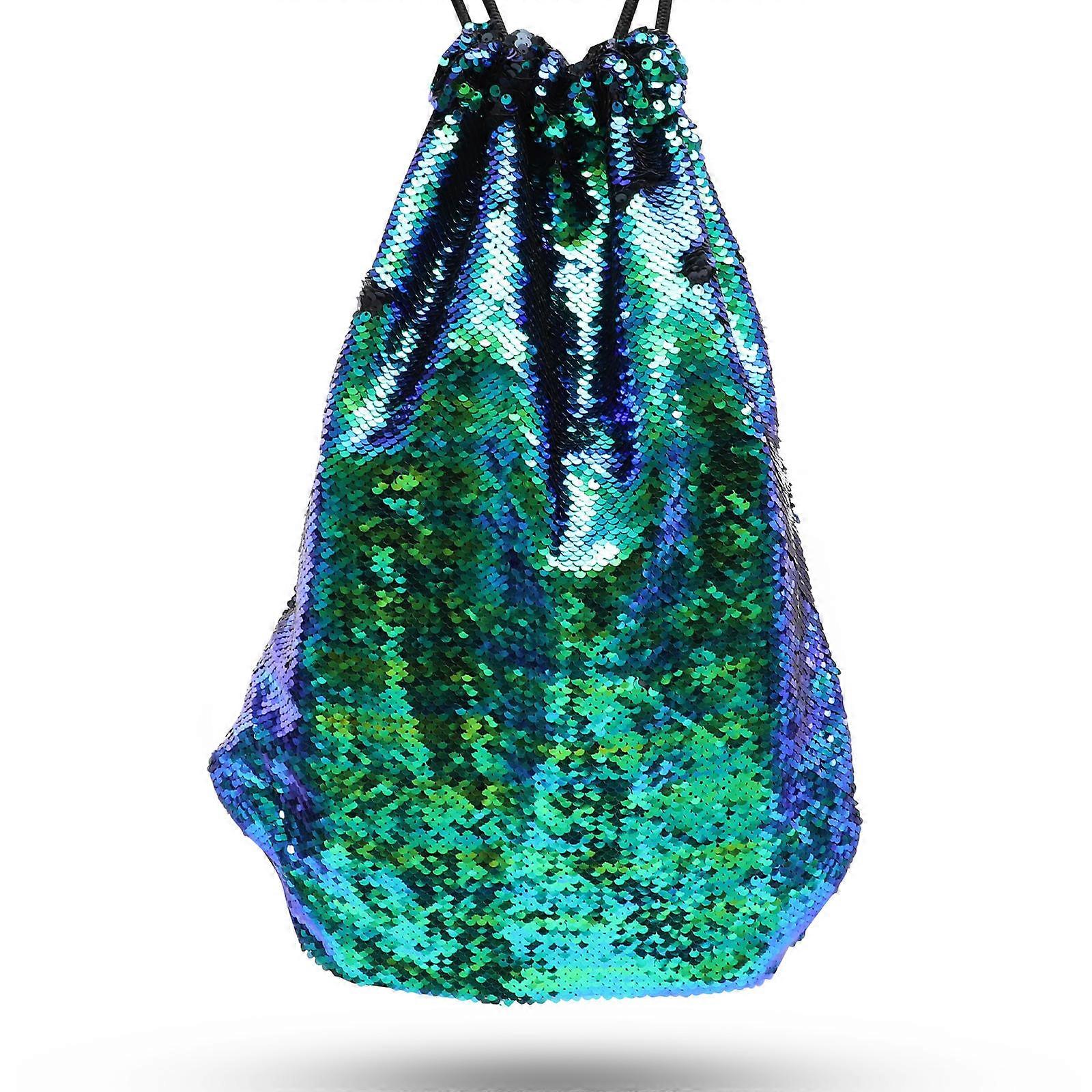 Green Sequin Drawstring Backpack for Gym Use with Internal Pocket