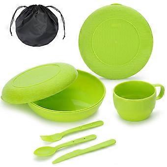 Camping Mess Kit with Bowl, Plate, Cup, Spoon, Fork, Knife and Carry Bag, Save Space, Easy to Carry, Plastic Essentials Utensils for Travel, Picnic, O