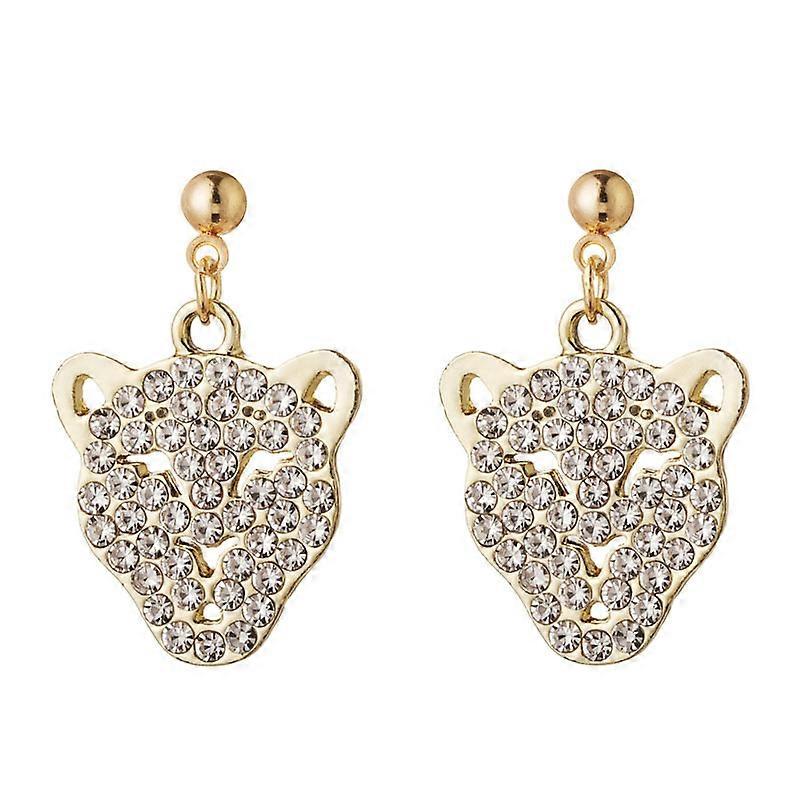 Alloy Rhinestone Dangle Stud Earrings Leopard Head Golden 30x19mm