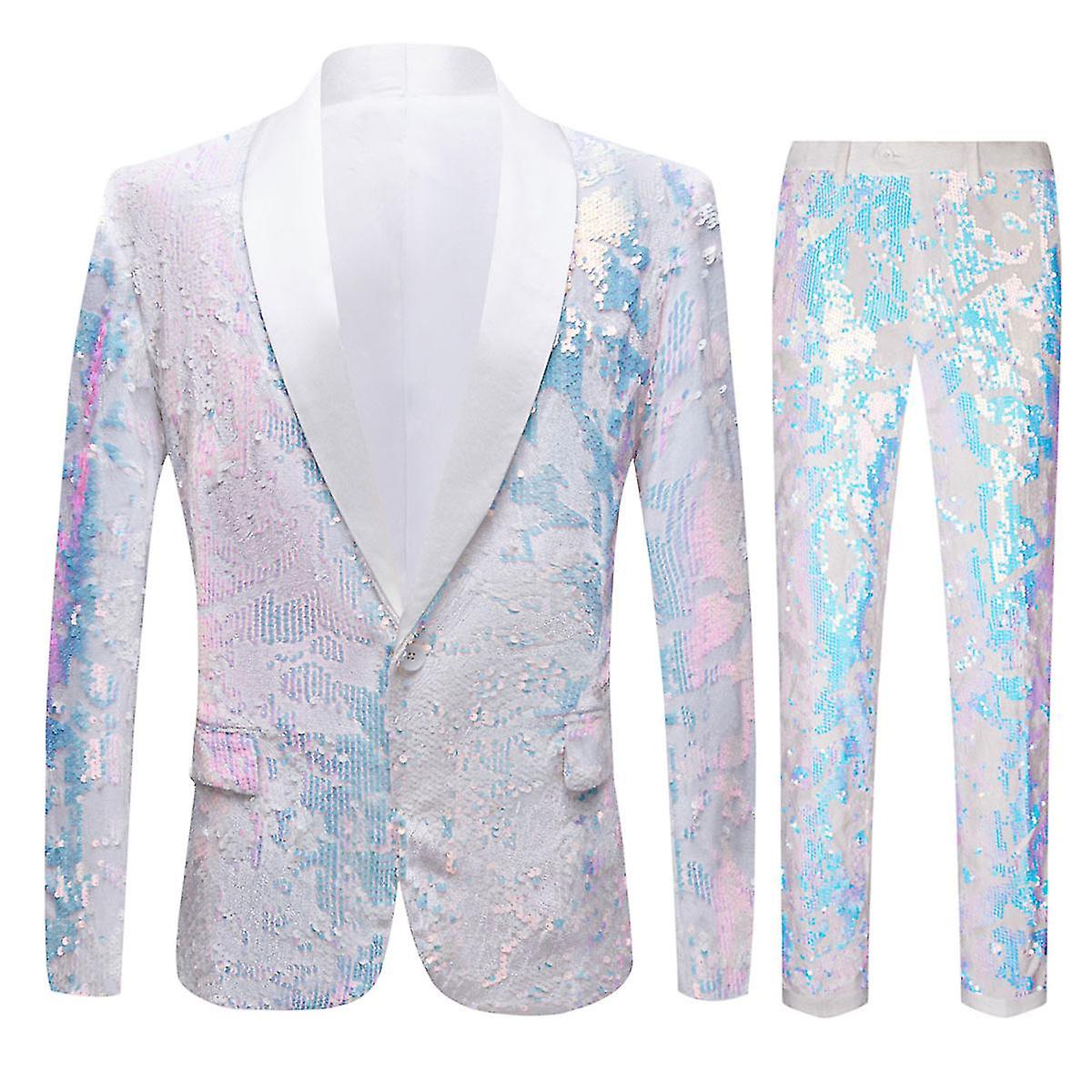 Blazer Blanco Terciopelo Masculino Sequin Traje de 2 piezas