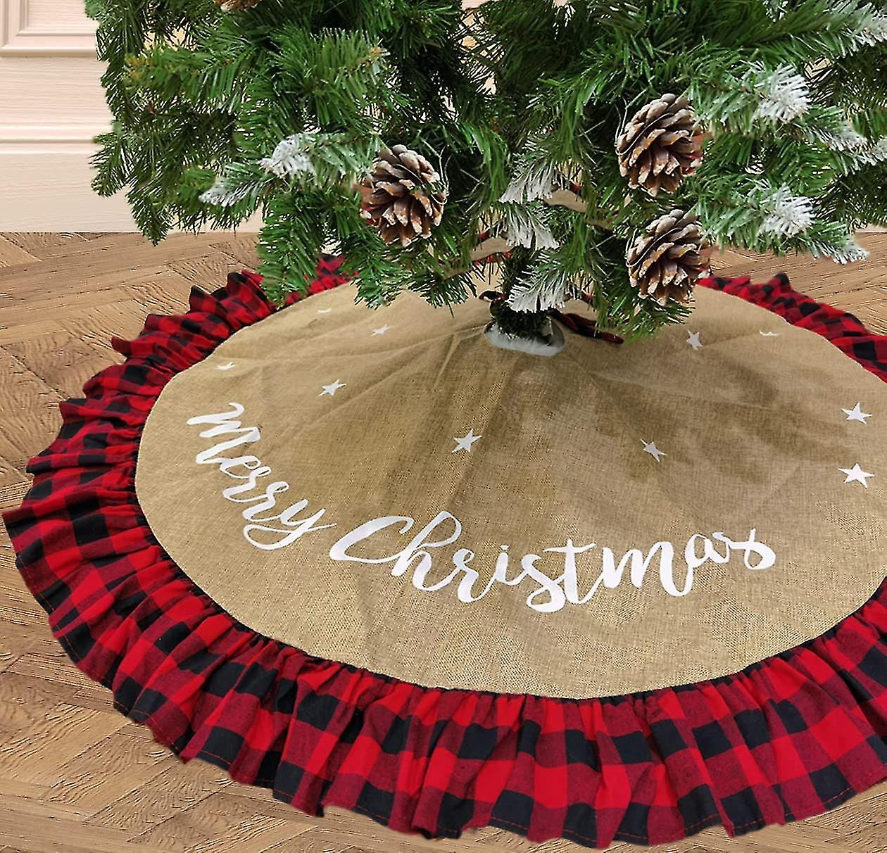 48 Inch Christmas Tree Skirt Linen Burlap Buffalo Plaid Edge Decoration