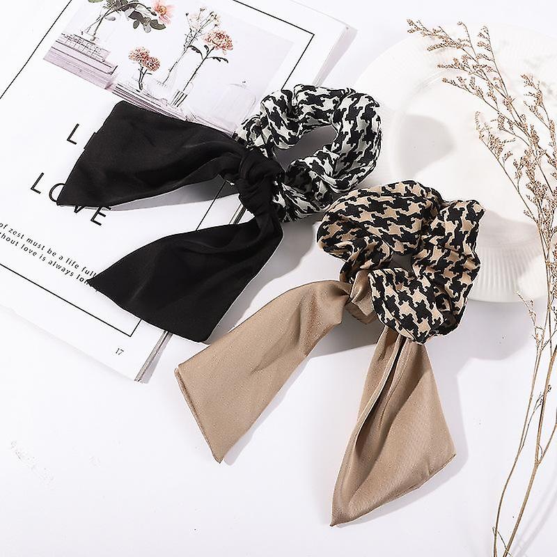 SET 2 Pcs Trendy Scrunchies Bow Checkered Fabric Elastic Tassels Brown Black