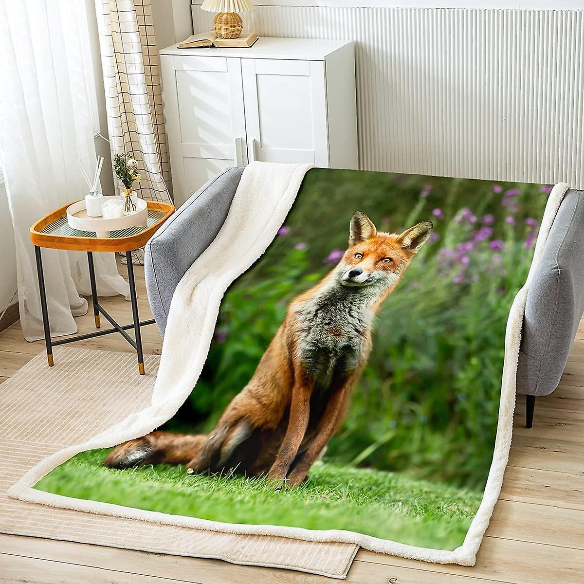 Kerota Fox Plush Blanket D Animal Fleece Throw Blanket Woodland Fox Sherpa Blanket for Bed Sofa Micr