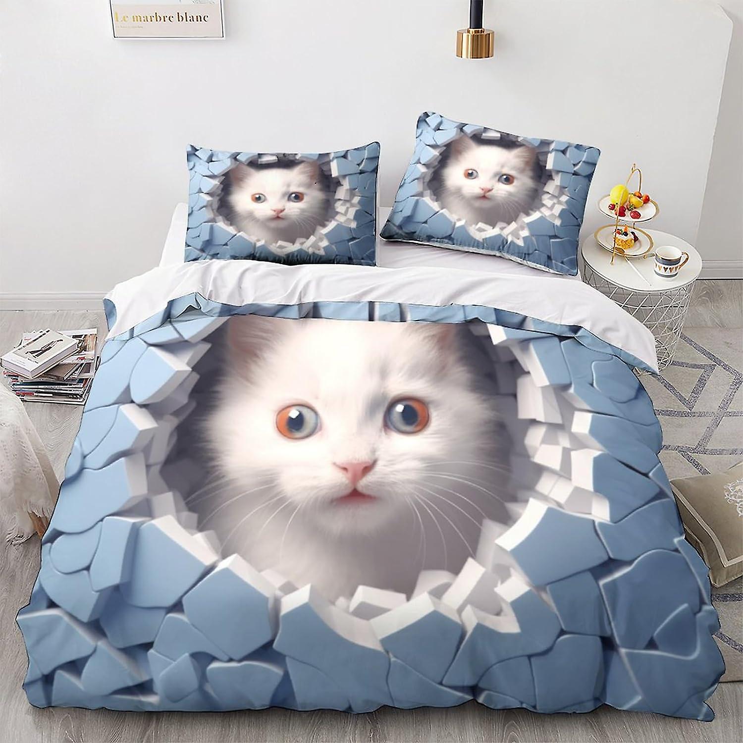 Katt påslakan Set 3D-tryckt djurset med örngott Söt Kitty Täcke Täcke Sängkläder King