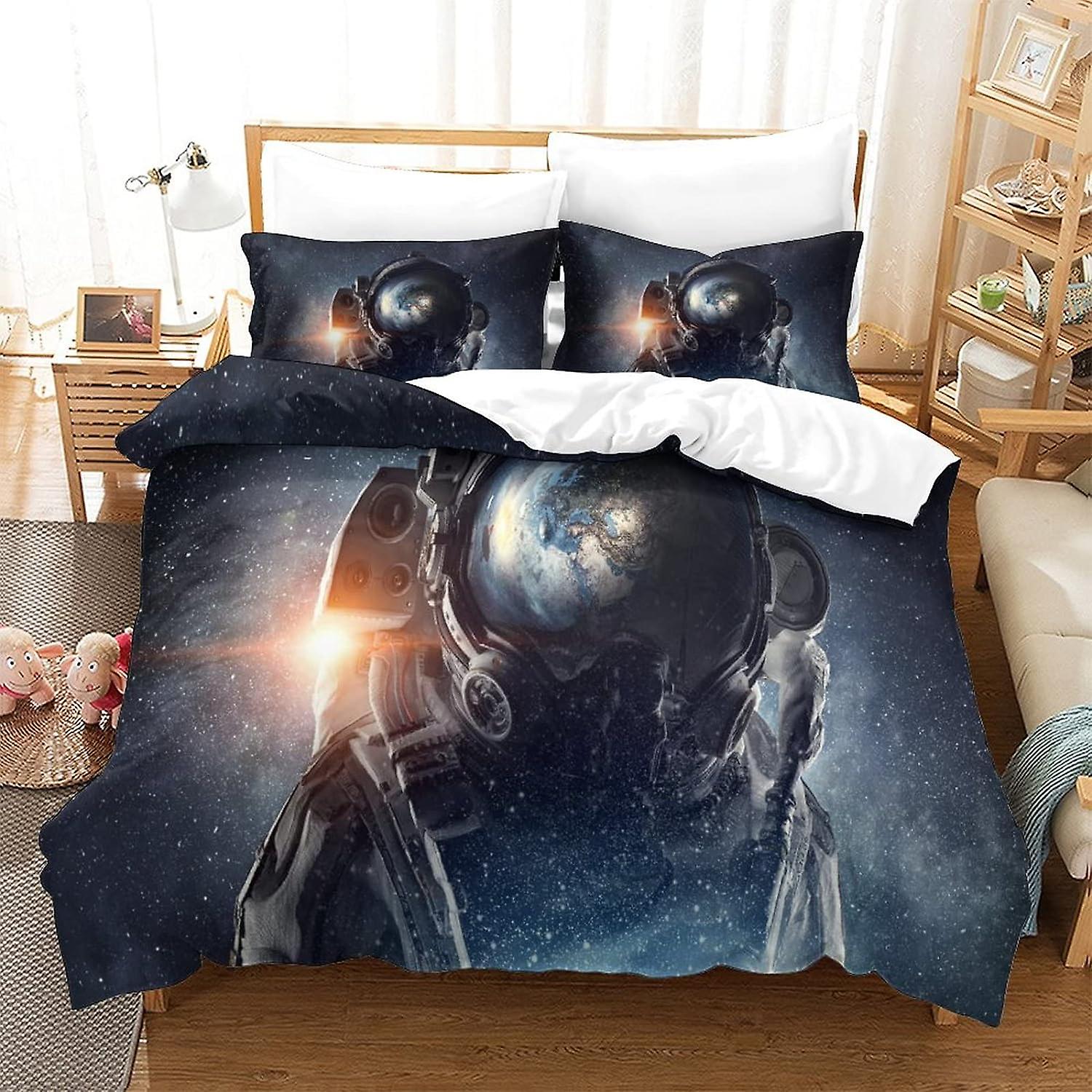 Cosmic Astronaut Sängkläder 3-delat set 3D-påslakan med örngott Sängkläder med dragkedja Allergivänligt mjukt mikrofibertäcke King